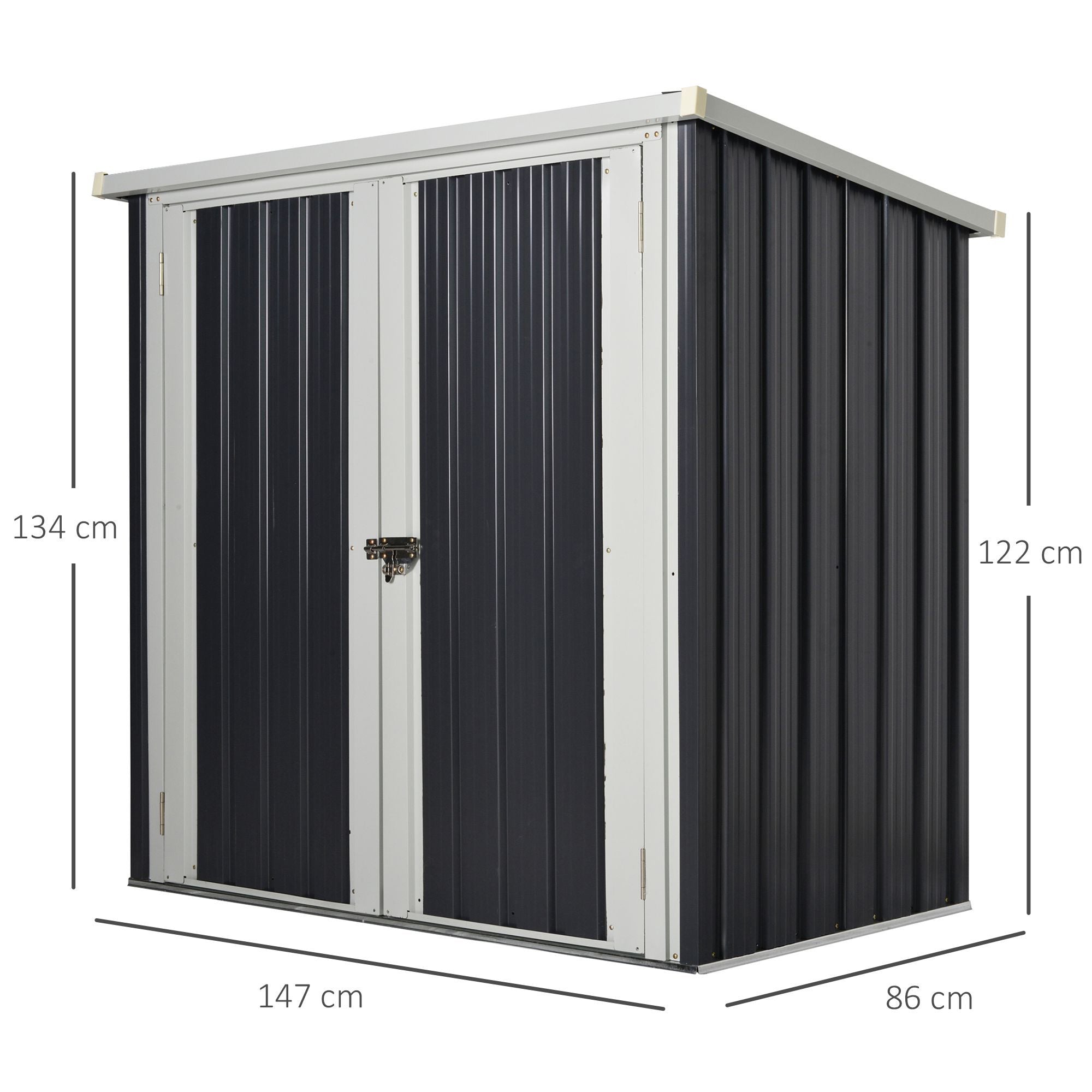 EASYCOMFORT Garden Shed in Sheet Steel with Double Door, 147x86x134cm, Black and White