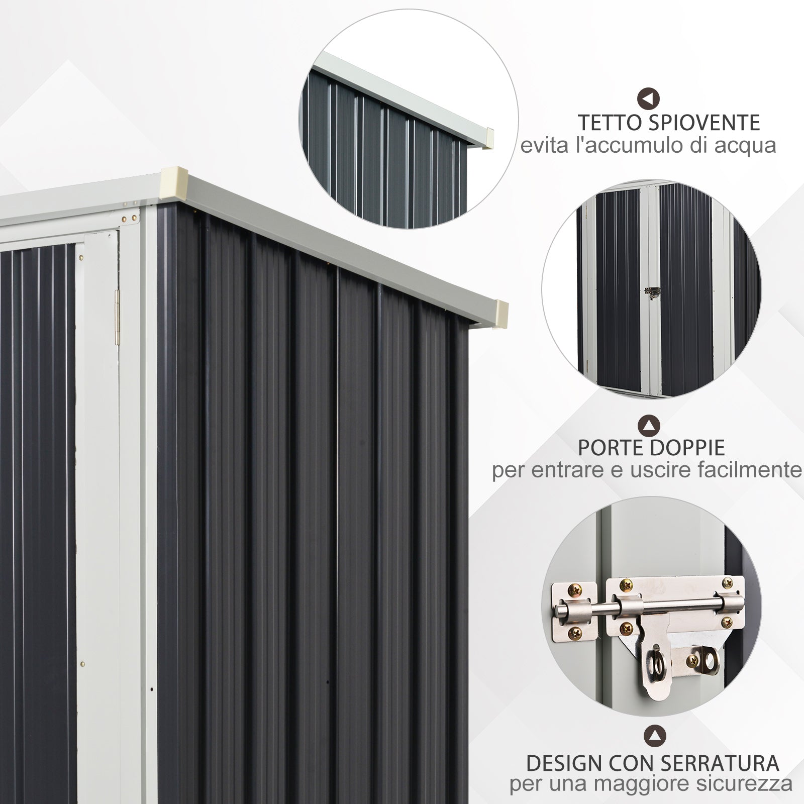 EASYCOMFORT Garden Shed in Sheet Steel with Double Door, 147x86x134cm, Black and White