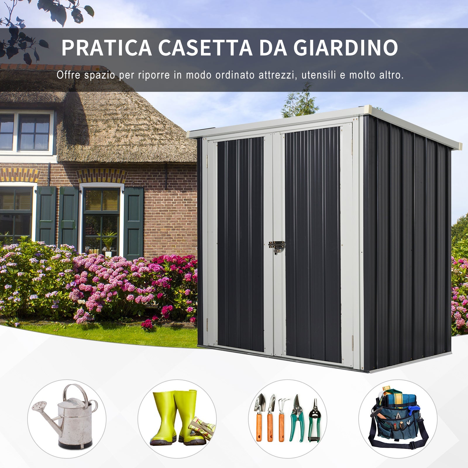 EASYCOMFORT Garden Shed in Sheet Steel with Double Door, 147x86x134cm, Black and White