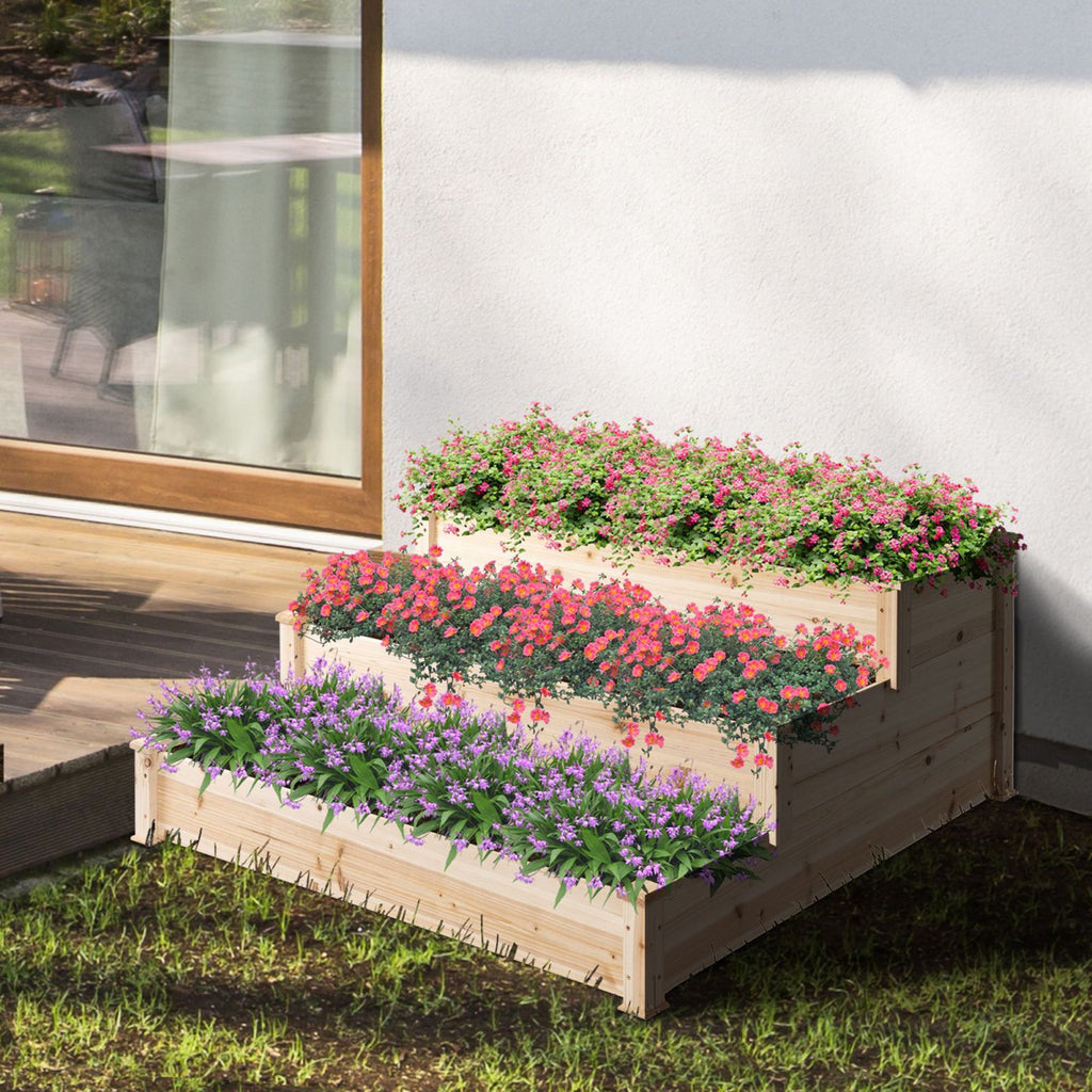 EASYCOMFORT Raised Garden Bed with 3 Levels in Natural Wood, Outdoor Raised Planter for Plants, 124x124x56cm