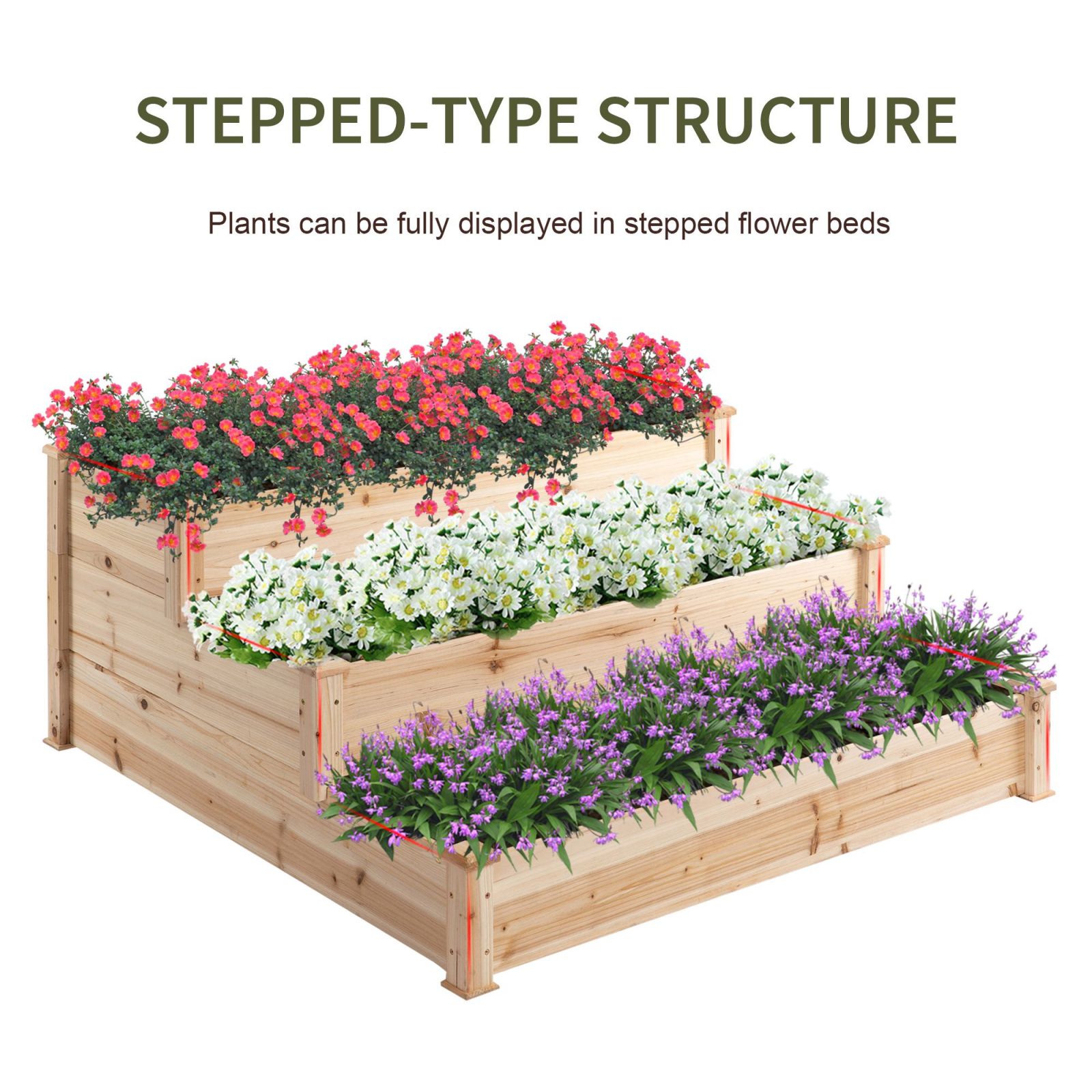 EASYCOMFORT Raised Garden Bed with 3 Levels in Natural Wood, Outdoor Raised Planter for Plants, 124x124x56cm