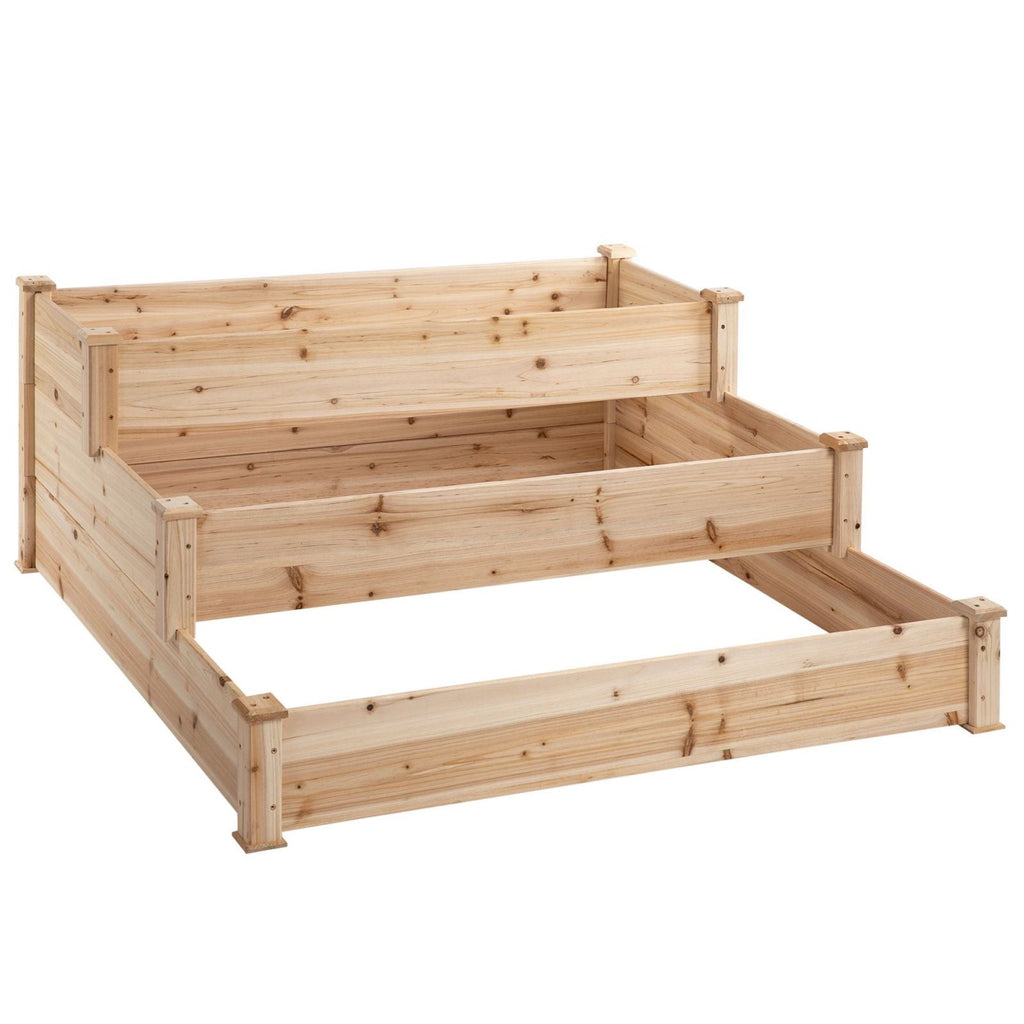 EASYCOMFORT Raised Garden Bed with 3 Levels in Natural Wood, Outdoor Raised Planter for Plants, 124x124x56cm