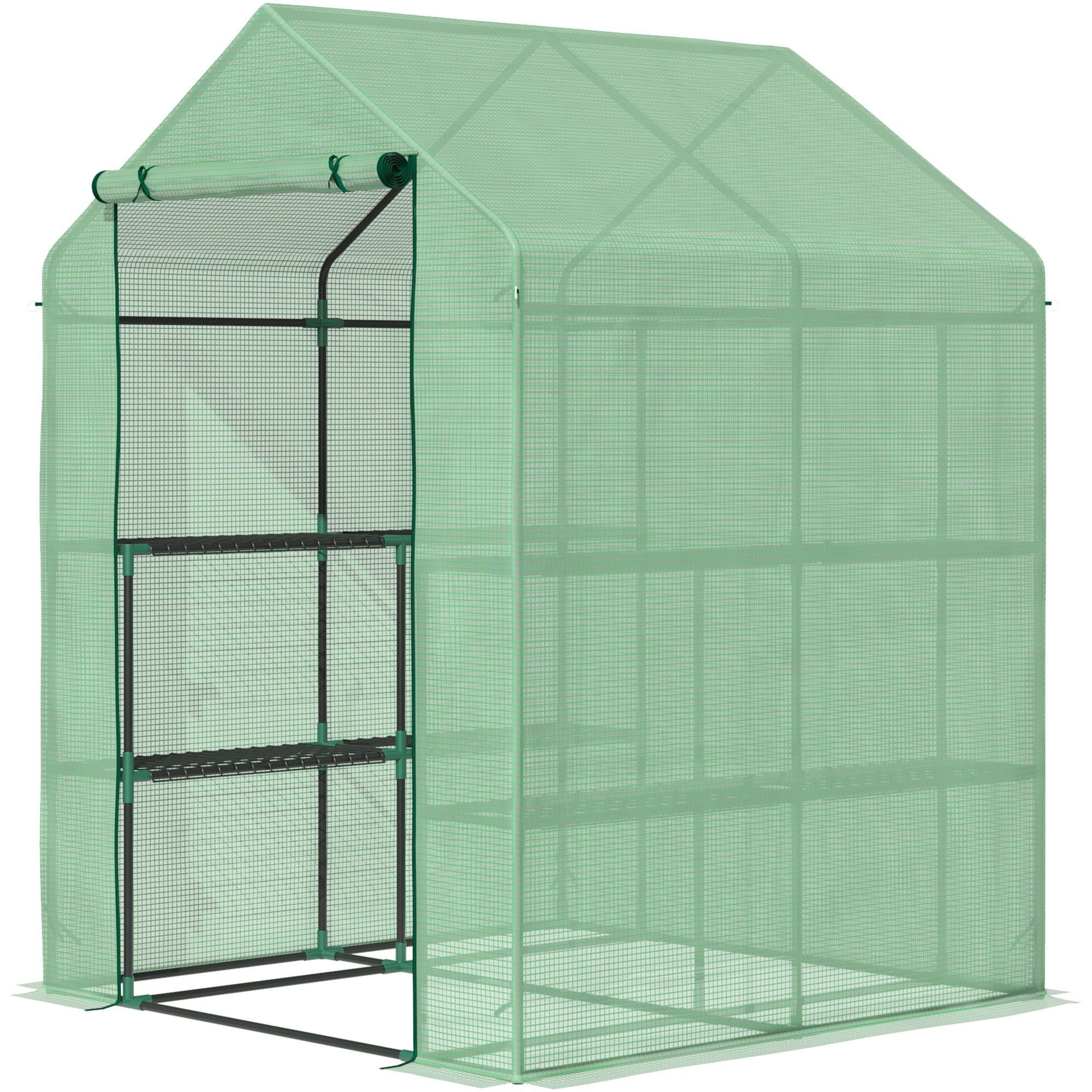 EASYCOMFORT Garden Greenhouse with Shelves, PE Cover and Roller Door, 143x138x190 cm, Green
