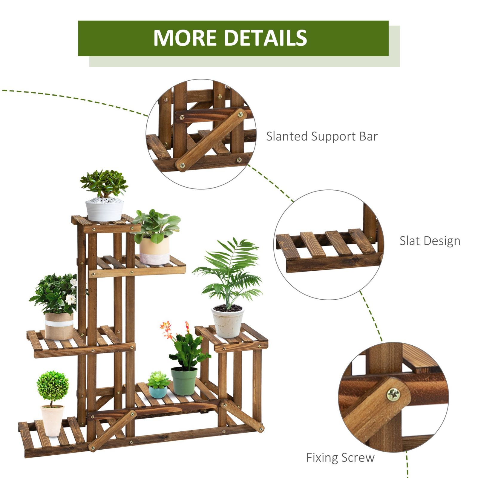 EASYCOMFORT Asymmetrical 6-level plant shelf for garden and home in wood, 98x28x96.5cm
