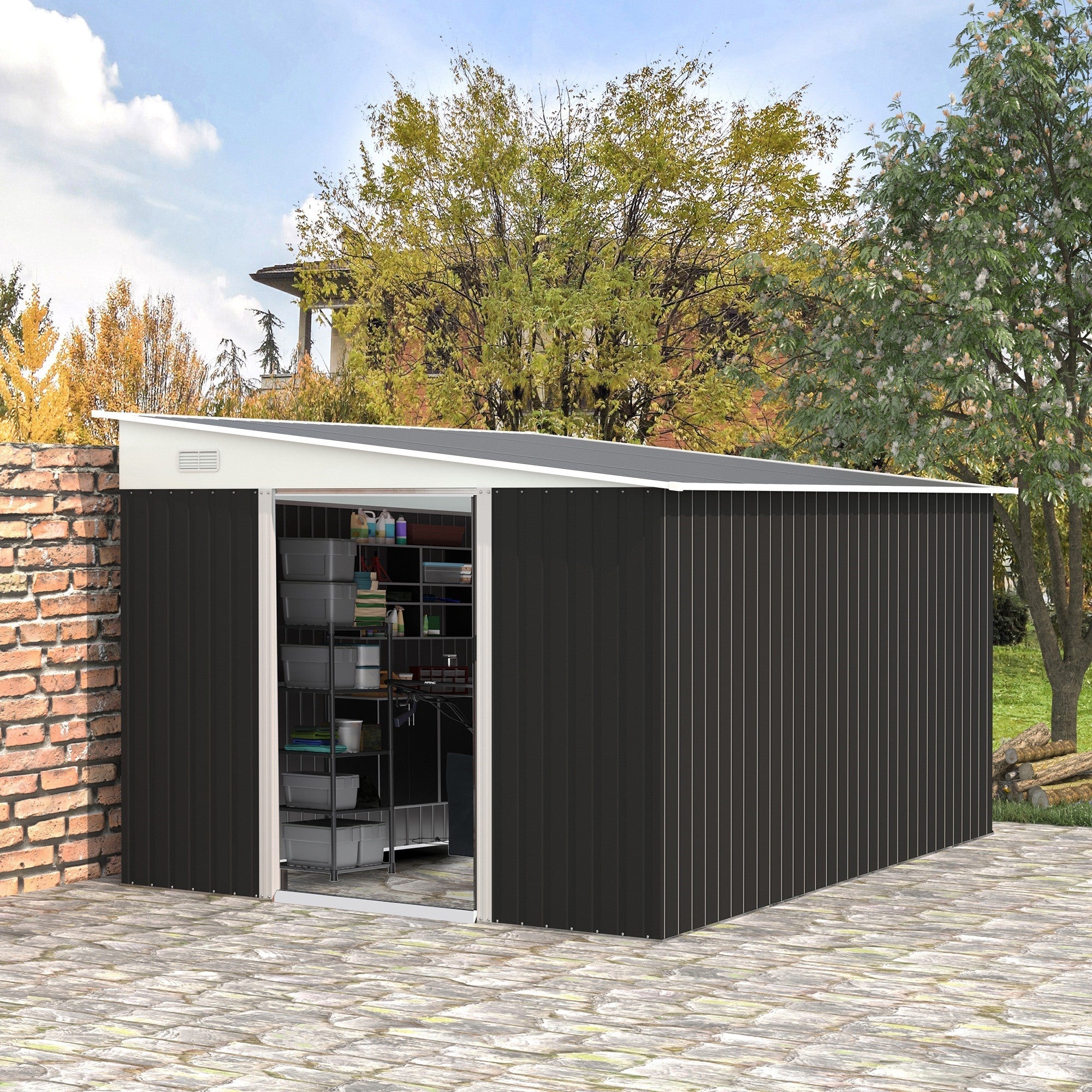 EASYCOMFORT Garden Storage Unit with Sliding Door, in Steel, 345x280.5x169-201cm, Black