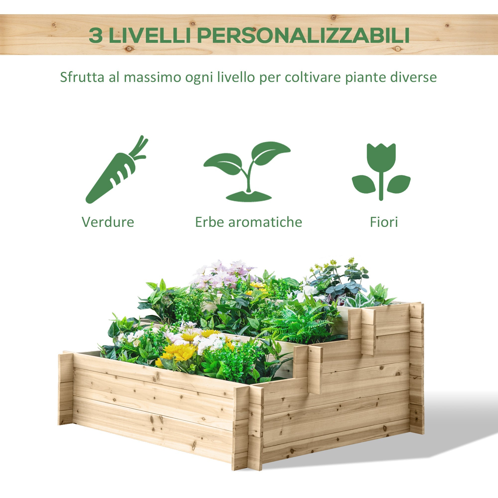 EASYCOMFORT 3-Tier Fir Wood Planter, Box for Outdoor Raised Vegetable Garden, 120x100x54cm