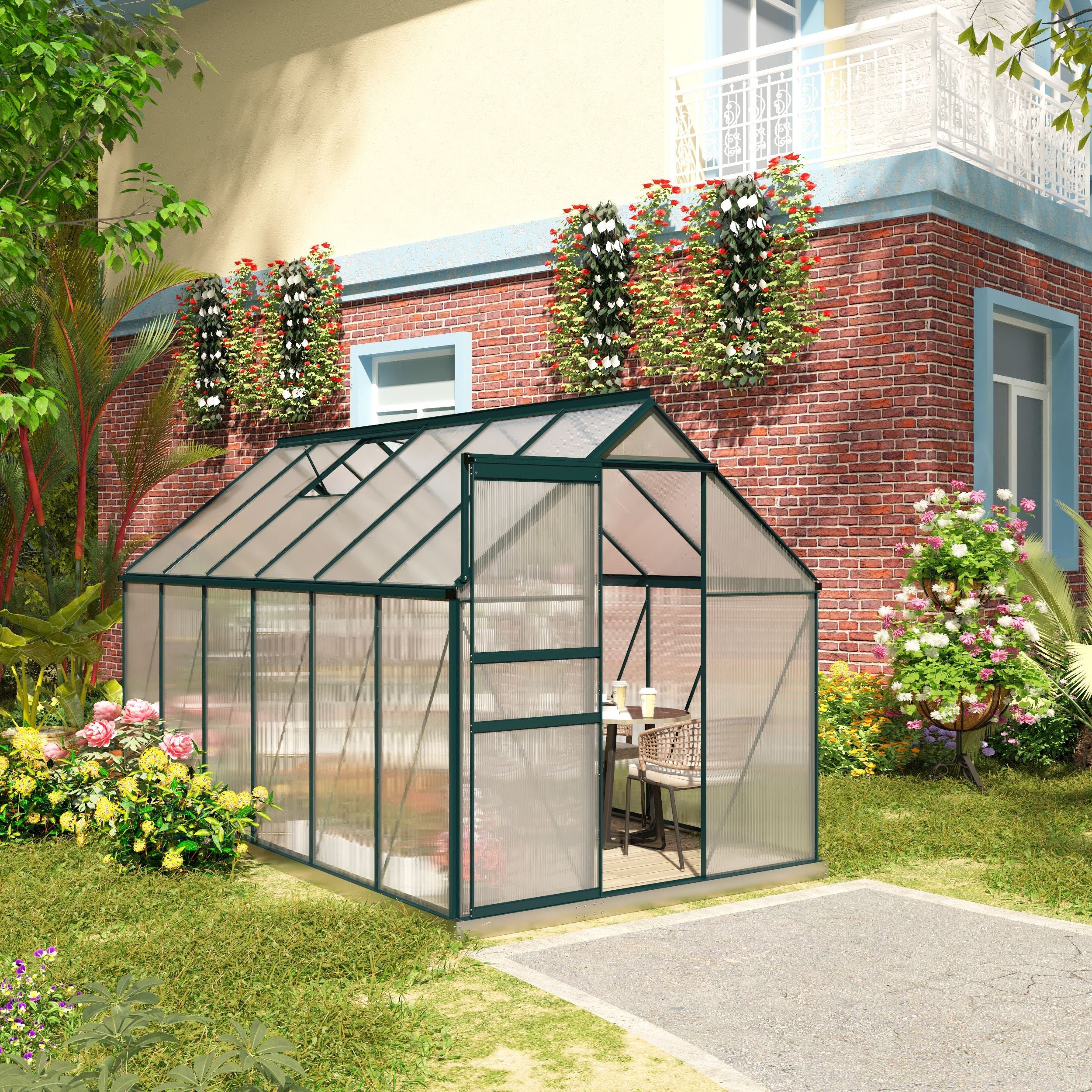 EASYCOMFORT Garden Greenhouse in Polycarbonate 190x375x199cm, with Opening Window and Sliding Door, Aluminum Structure, Green