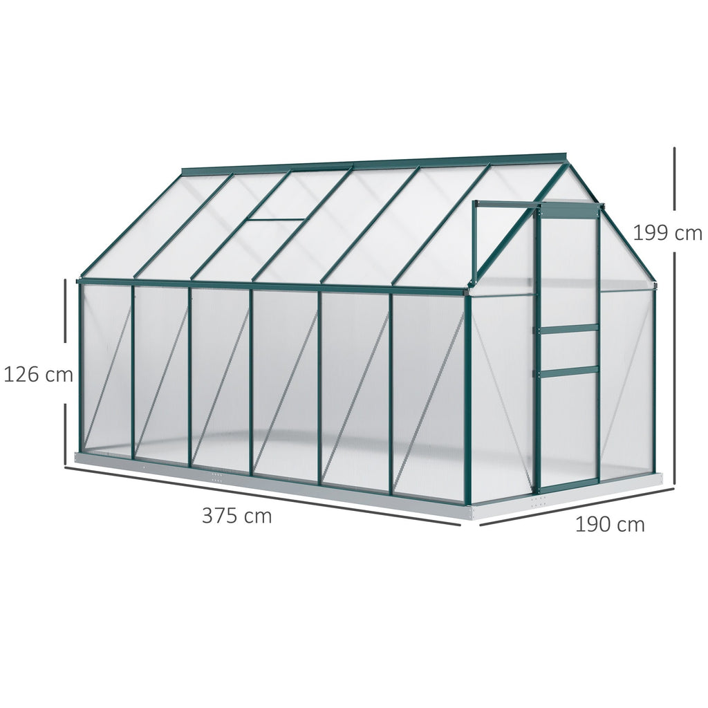 EASYCOMFORT Garden Greenhouse in Polycarbonate 190x375x199cm, with Opening Window and Sliding Door, Aluminum Structure, Green