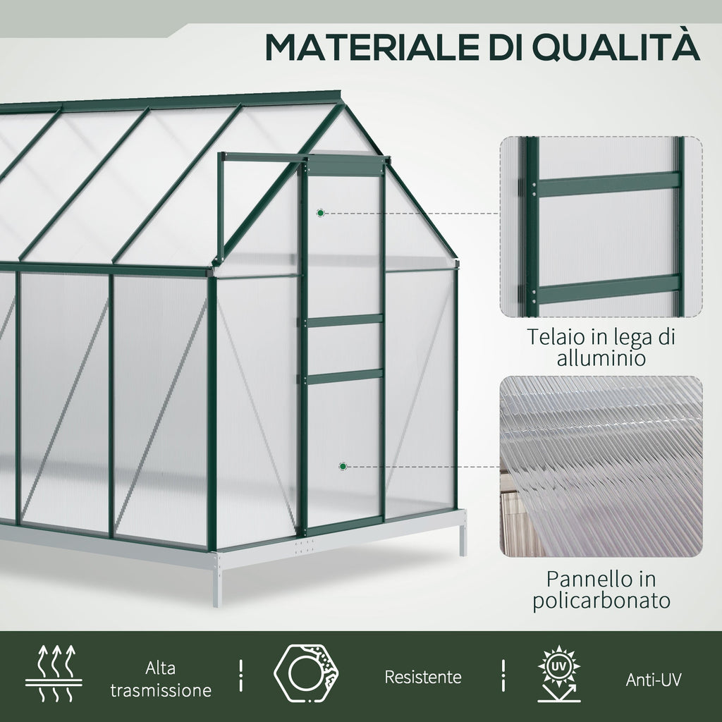 EASYCOMFORT Garden Greenhouse in Polycarbonate 190x375x199cm, with Opening Window and Sliding Door, Aluminum Structure, Green