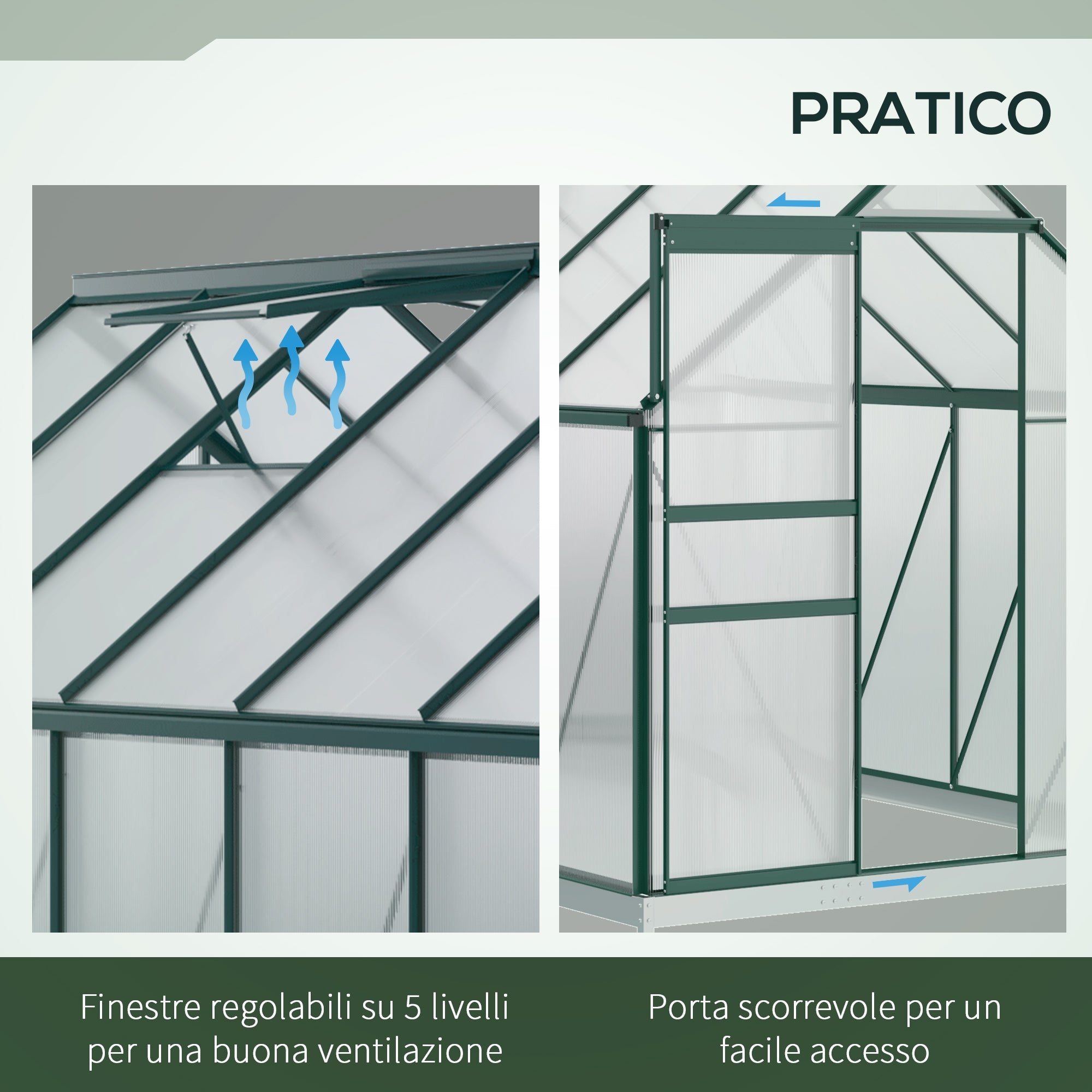 EASYCOMFORT Garden Greenhouse in Polycarbonate 190x375x199cm, with Opening Window and Sliding Door, Aluminum Structure, Green