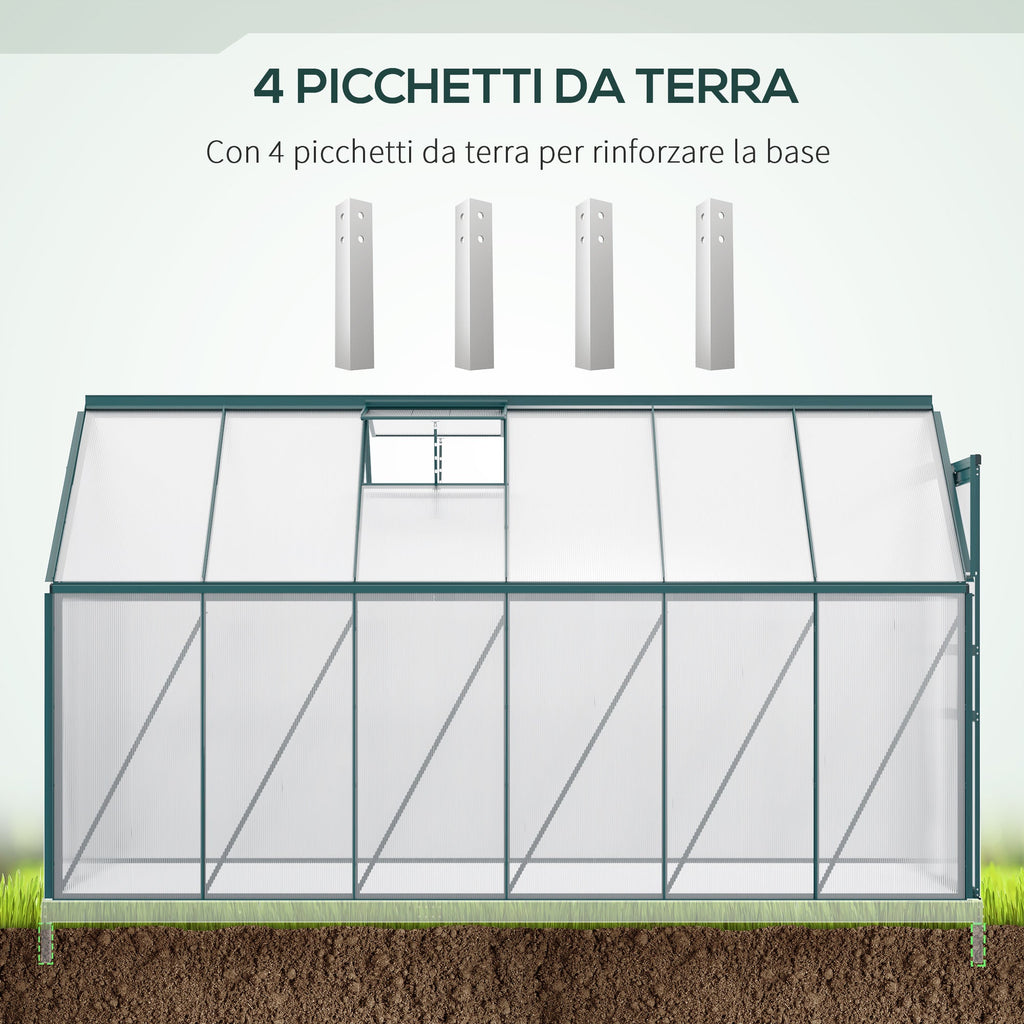 EASYCOMFORT Garden Greenhouse in Polycarbonate 190x375x199cm, with Opening Window and Sliding Door, Aluminum Structure, Green