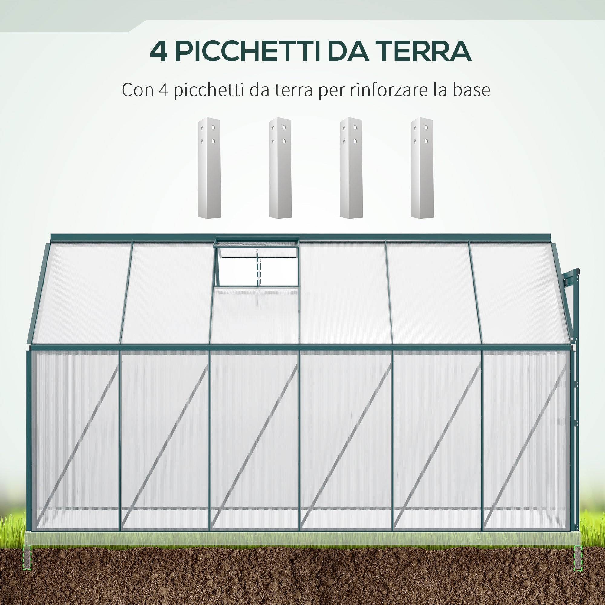 EASYCOMFORT Garden Greenhouse in Polycarbonate 190x375x199cm, with Opening Window and Sliding Door, Aluminum Structure, Green