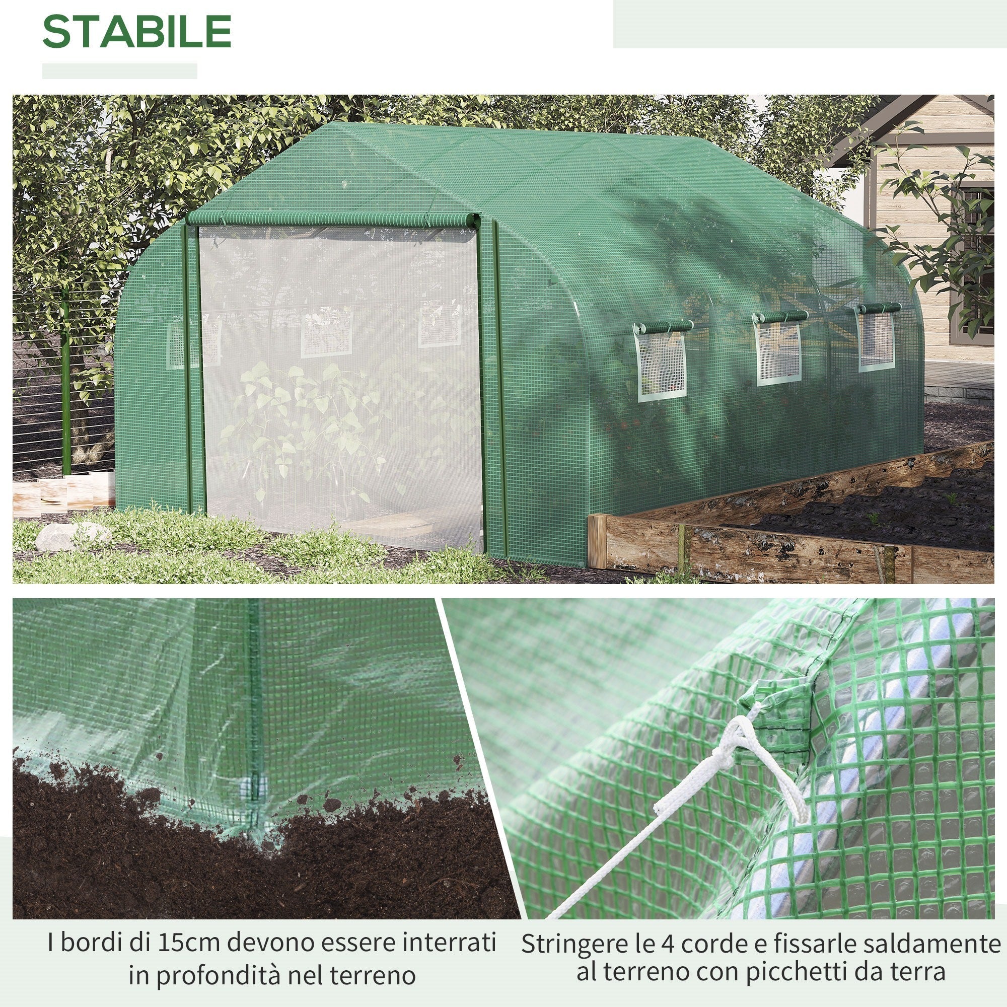 Easycomfort Serra a Tunnel with Copertura PE e Struttura in Acciaio, Porta Avvolgibile e 6 Finestre, 3.5x3x2m, Verde