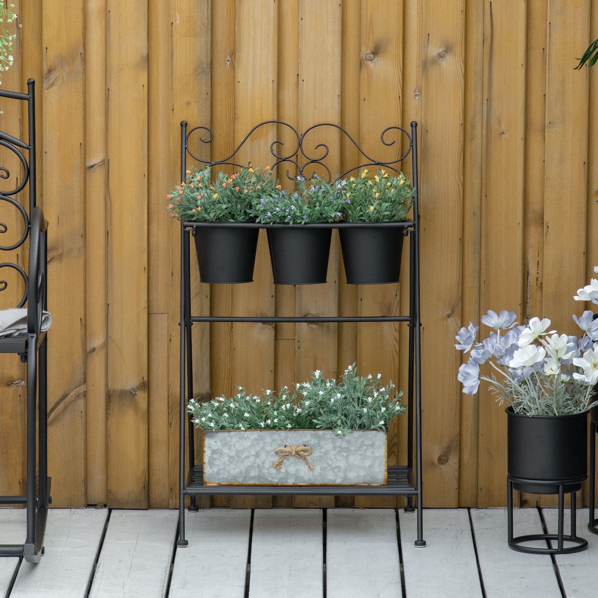 EASYCOMFORT Folding Metal Plant Stand with 3 Pots and Bottom Shelf for Home and Garden, 47x37x78.5cm, Black