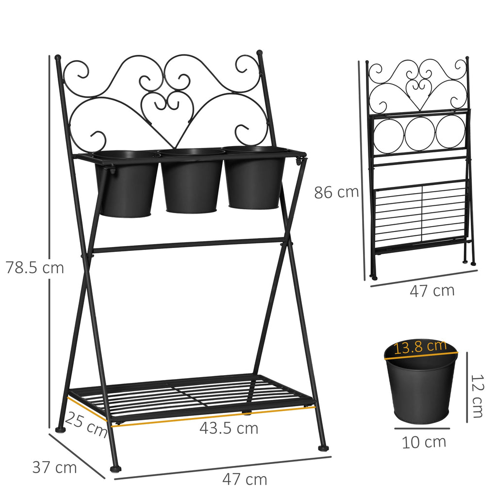 EASYCOMFORT Folding Metal Plant Stand with 3 Pots and Bottom Shelf for Home and Garden, 47x37x78.5cm, Black