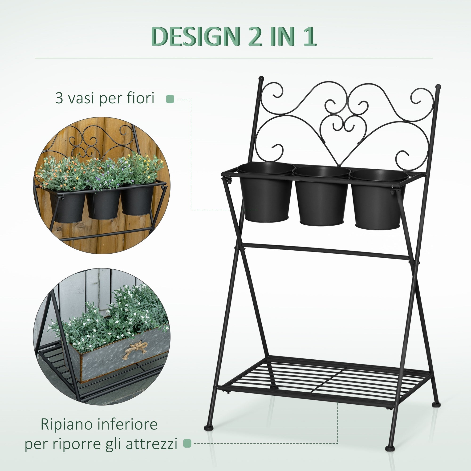 EASYCOMFORT Folding Metal Plant Stand with 3 Pots and Bottom Shelf for Home and Garden, 47x37x78.5cm, Black