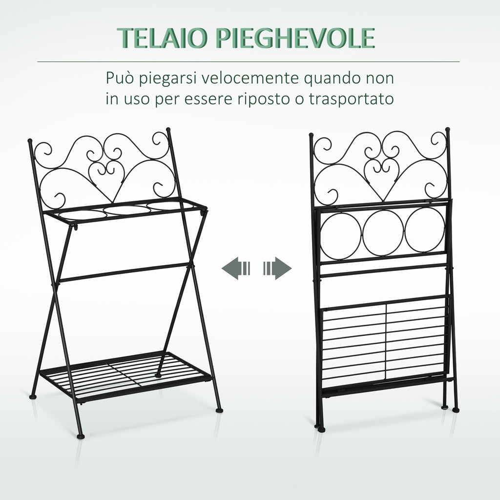 EASYCOMFORT Folding Metal Plant Stand with 3 Pots and Bottom Shelf for Home and Garden, 47x37x78.5cm, Black