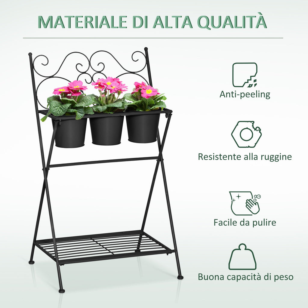 EASYCOMFORT Folding Metal Plant Stand with 3 Pots and Bottom Shelf for Home and Garden, 47x37x78.5cm, Black