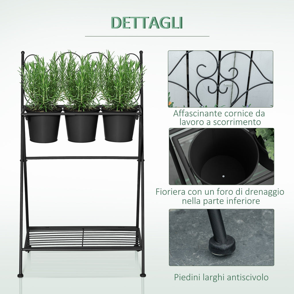 EASYCOMFORT Folding Metal Plant Stand with 3 Pots and Bottom Shelf for Home and Garden, 47x37x78.5cm, Black