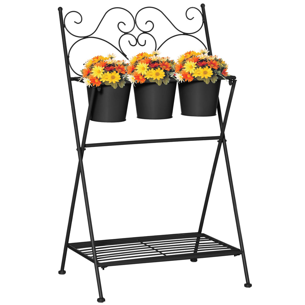 EASYCOMFORT Folding Metal Plant Stand with 3 Pots and Bottom Shelf for Home and Garden, 47x37x78.5cm, Black