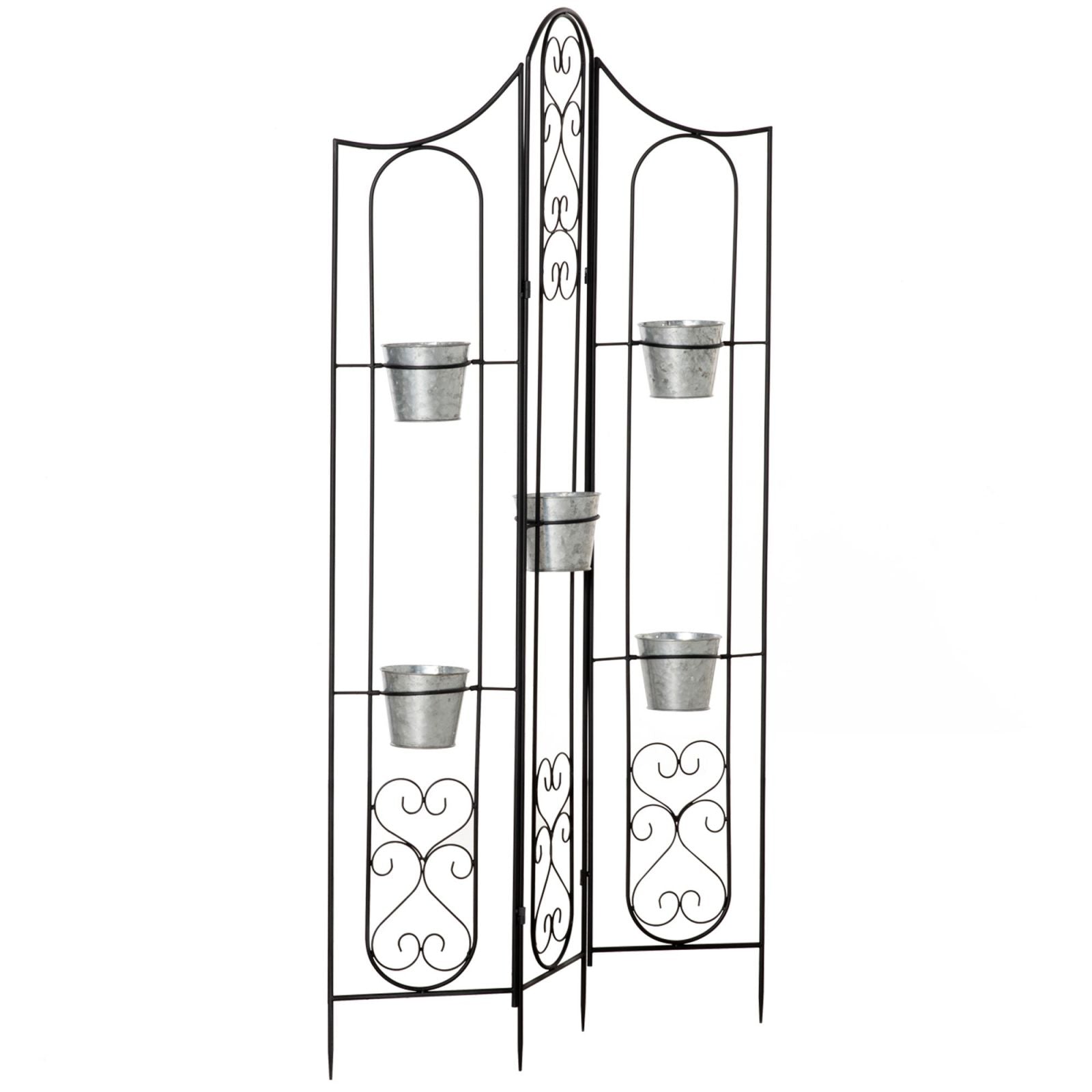 EASYCOMFORT Folding Vertical Plant Holder with 5 Outdoor Metal Pots, 82x12.5x150cm, Black
