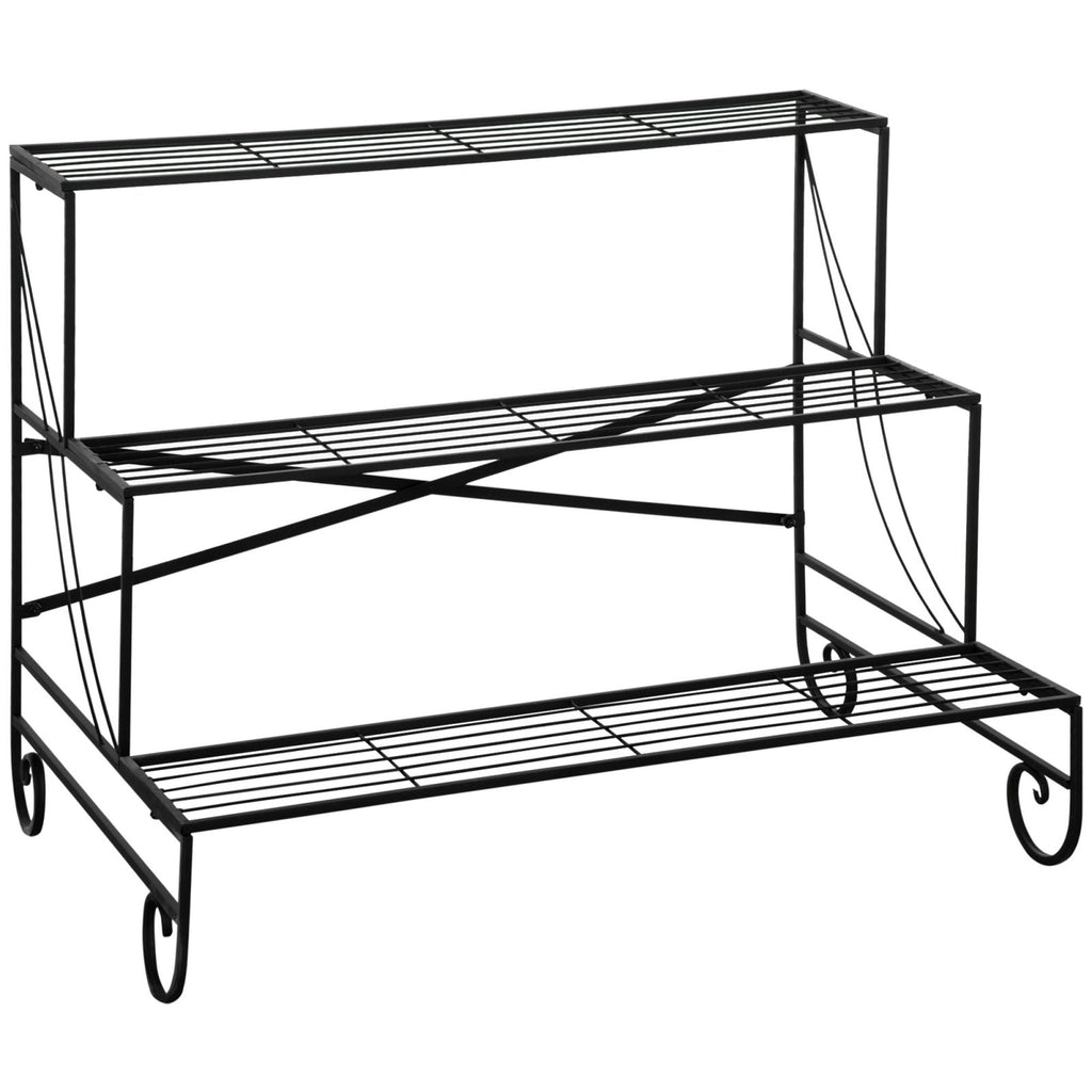 EASYCOMFORT Wrought Iron Plant Rack, 3-Tier Outdoor Pot Ladder, Black