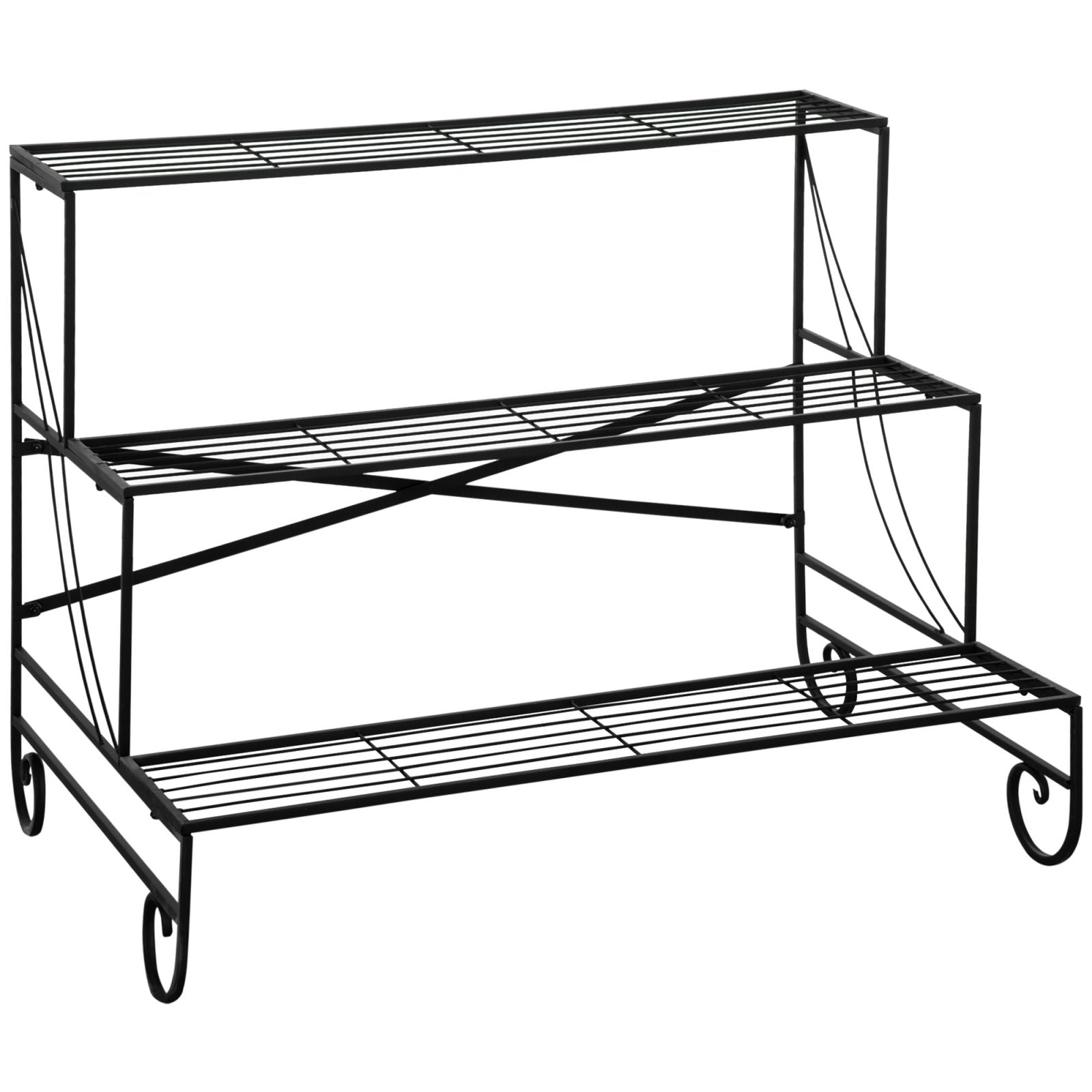 EASYCOMFORT Wrought Iron Plant Rack, 3-Tier Outdoor Pot Ladder, Black