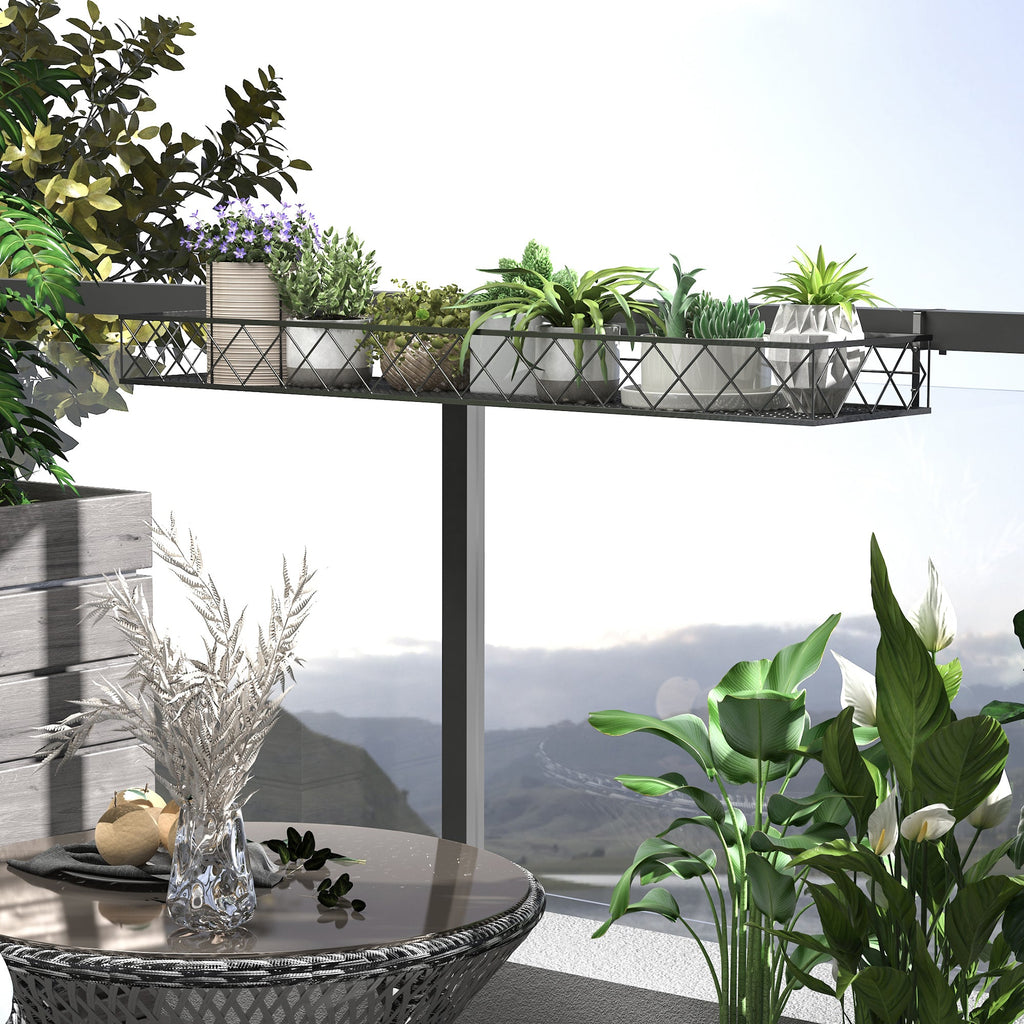 EASYCOMFORT Outdoor Planter Pot Holder with Hooks for Metal Balcony Railing, 100x31x12cm, Black