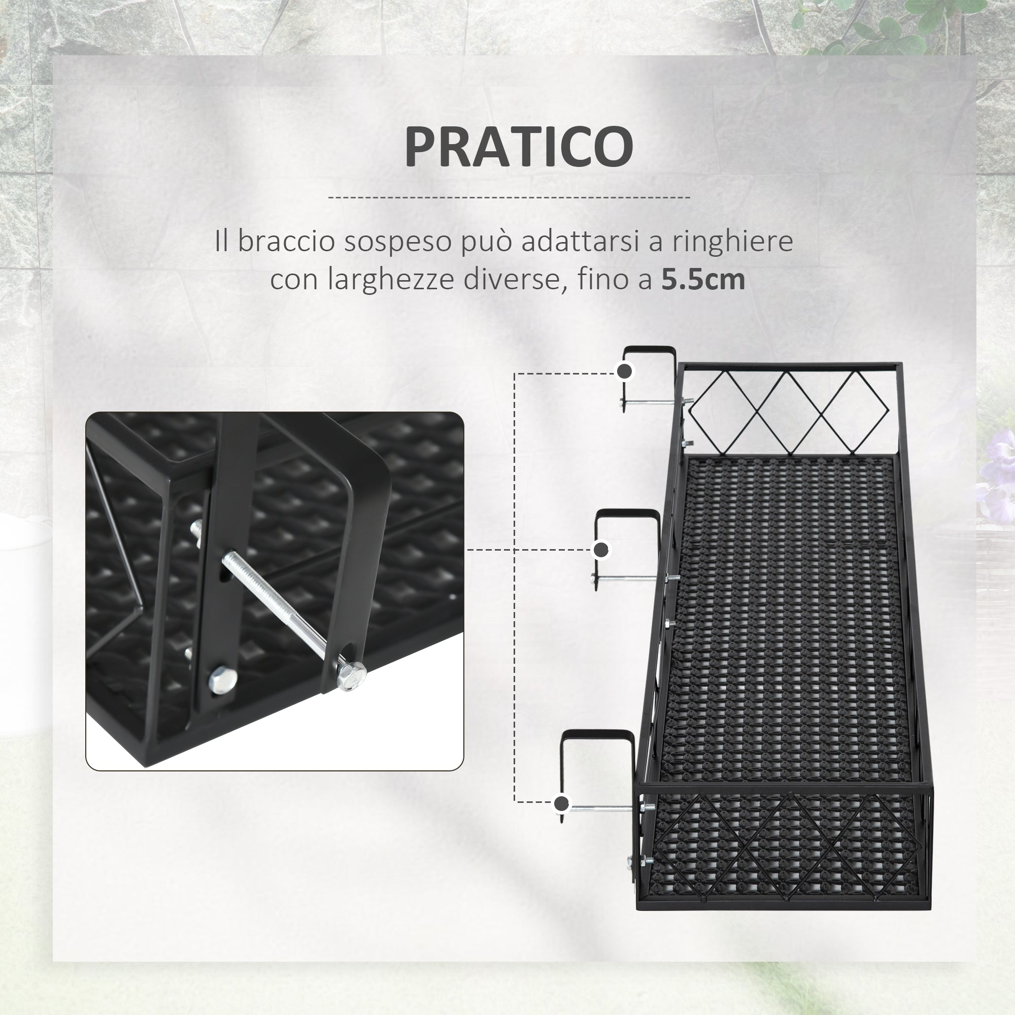 EASYCOMFORT Outdoor Planter Pot Holder with Hooks for Metal Balcony Railing, 100x31x12cm, Black