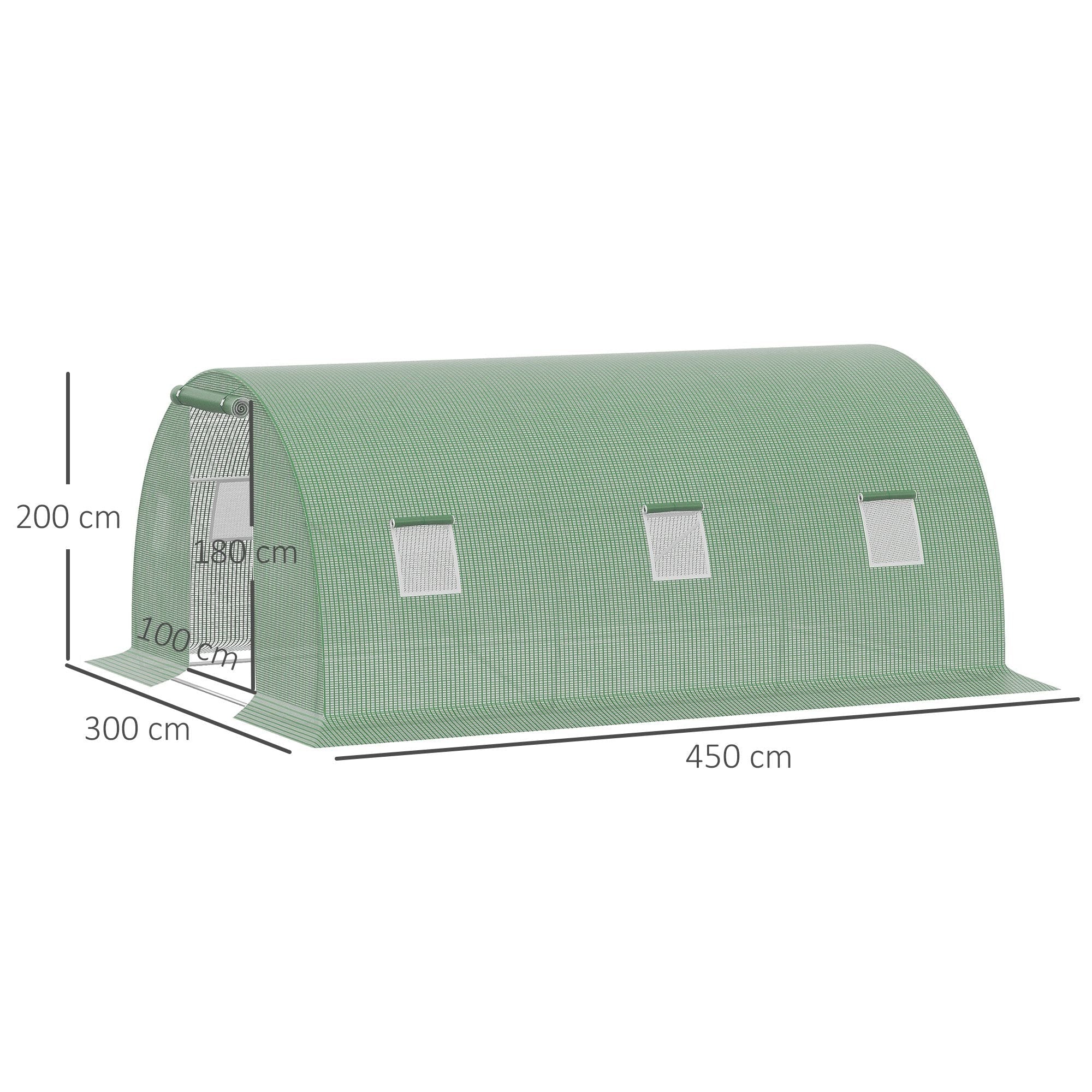 EASYCOMFORT Outdoor Tunnel Greenhouse 4.5x3x2m with PE Cover, Hinged Door and 6 Windows, Green