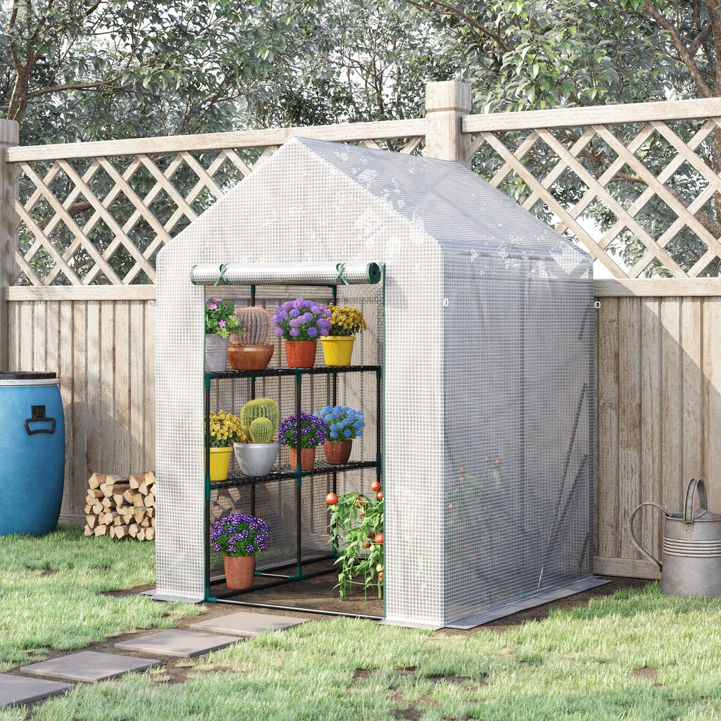 EASYCOMFORT Outdoor Garden Greenhouse in Steel and PE with 2 Shelves and Roller Door, 143x143x195 cm, White
