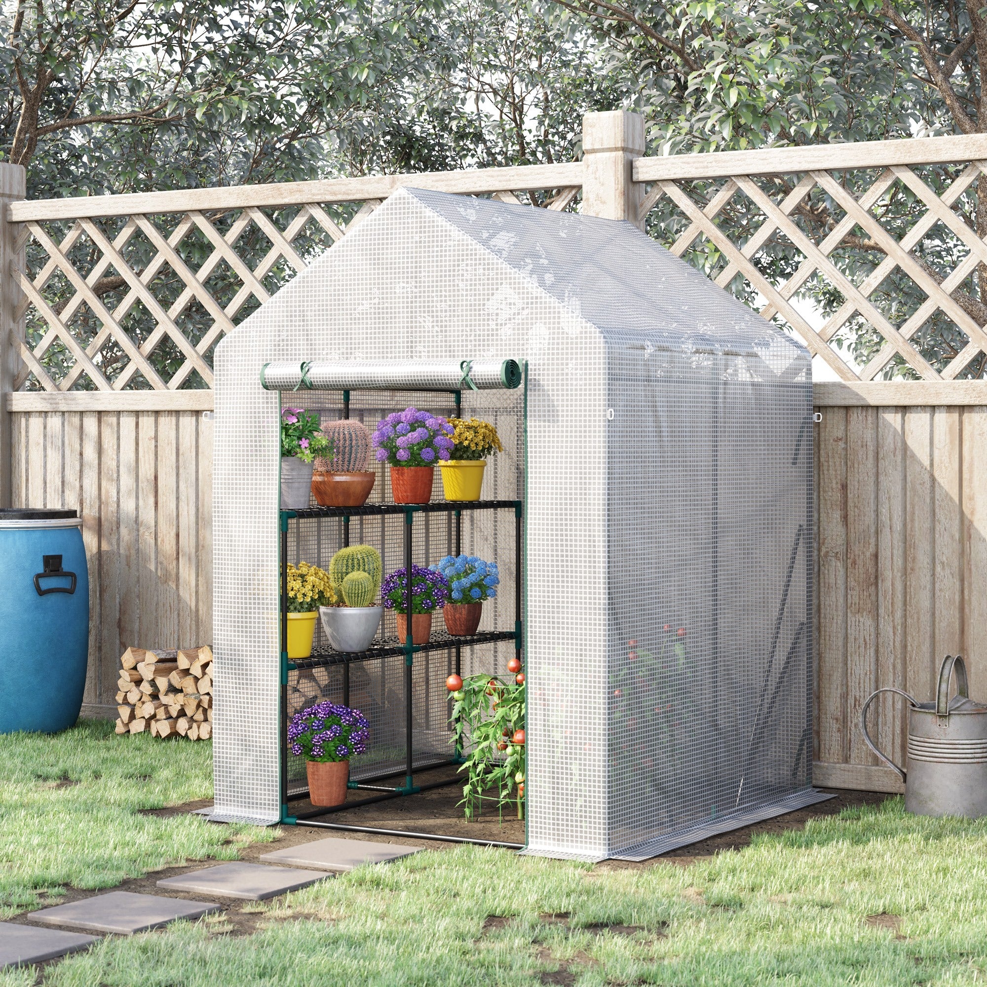 EASYCOMFORT Outdoor Garden Greenhouse in Steel and PE with 2 Shelves and Roller Door, 143x143x195 cm, White
