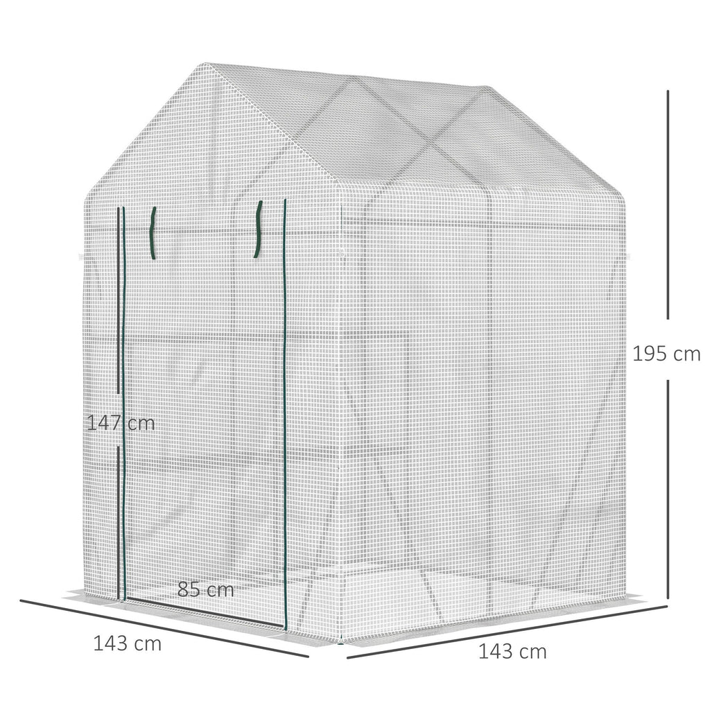 EASYCOMFORT Outdoor Garden Greenhouse in Steel and PE with 2 Shelves and Roller Door, 143x143x195 cm, White