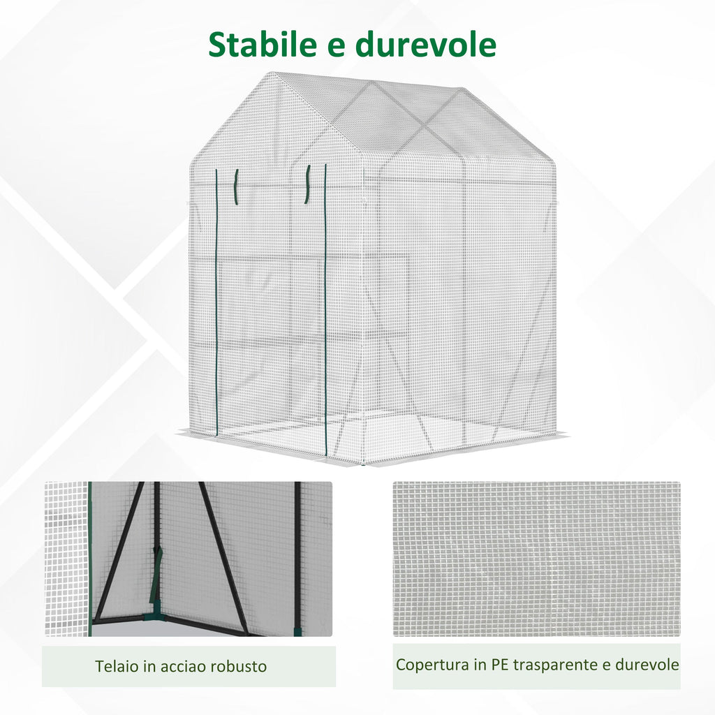 EASYCOMFORT Outdoor Garden Greenhouse in Steel and PE with 2 Shelves and Roller Door, 143x143x195 cm, White