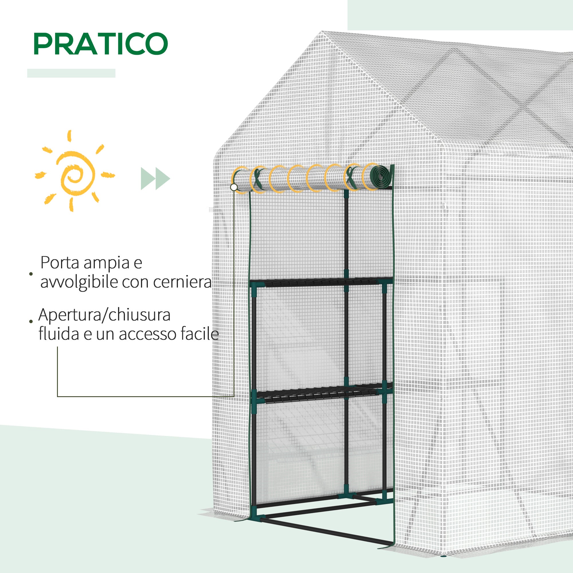 EASYCOMFORT Outdoor Garden Greenhouse in Steel and PE with 2 Shelves and Roller Door, 143x143x195 cm, White
