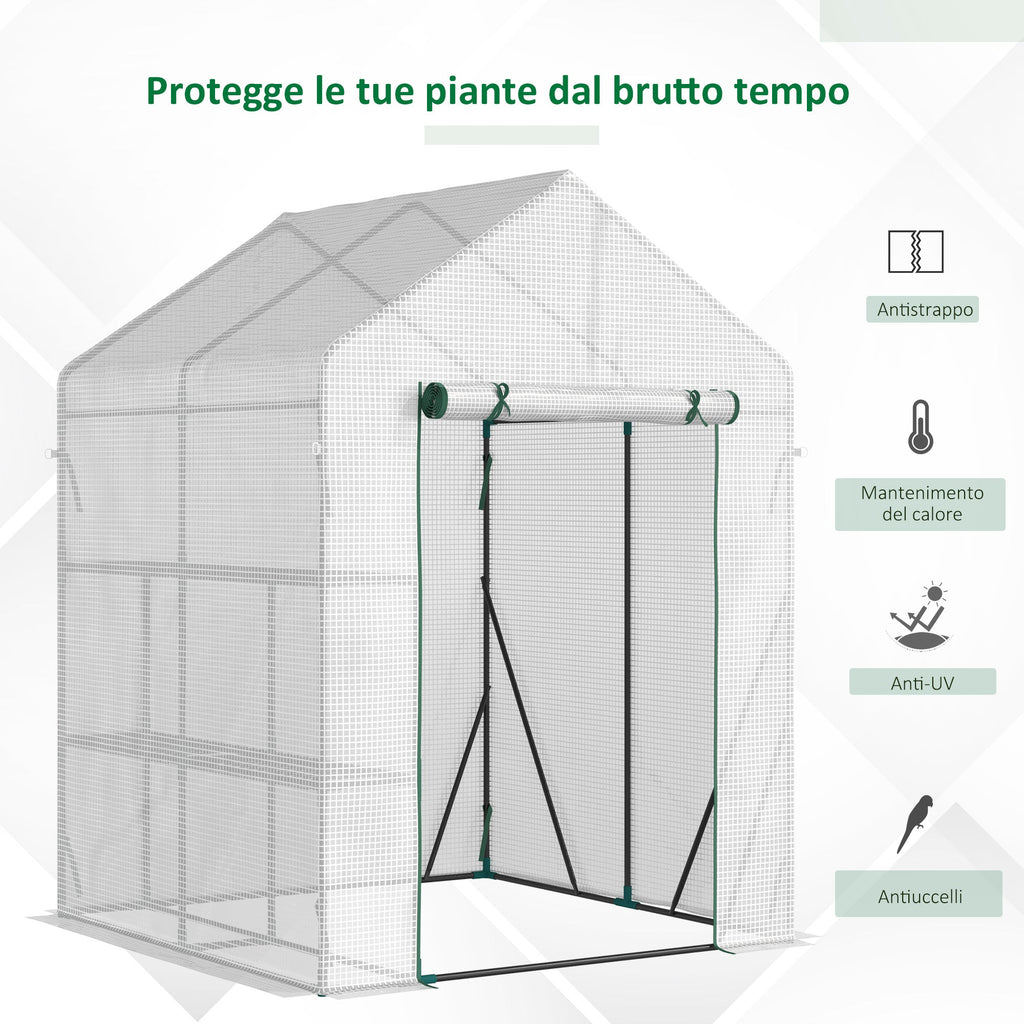 EASYCOMFORT Outdoor Garden Greenhouse in Steel and PE with 2 Shelves and Roller Door, 143x143x195 cm, White