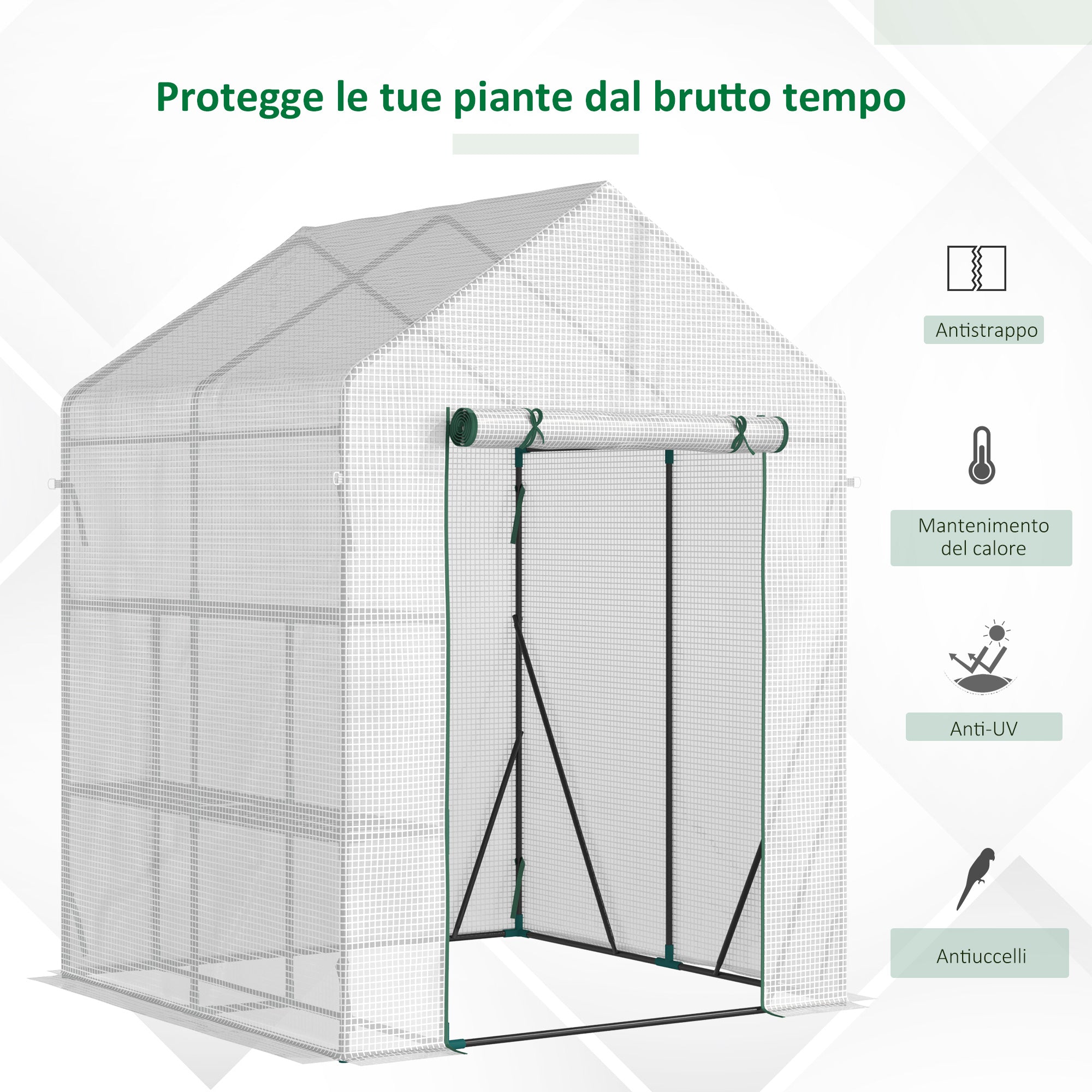 EASYCOMFORT Outdoor Garden Greenhouse in Steel and PE with 2 Shelves and Roller Door, 143x143x195 cm, White