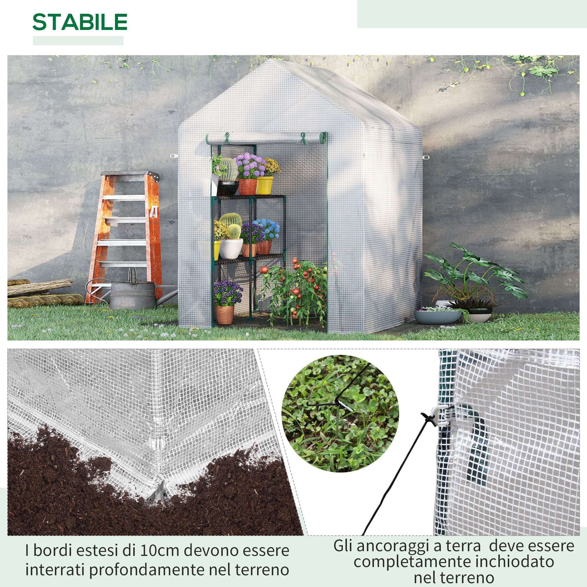 EASYCOMFORT Outdoor Garden Greenhouse in Steel and PE with 2 Shelves and Roller Door, 143x143x195 cm, White