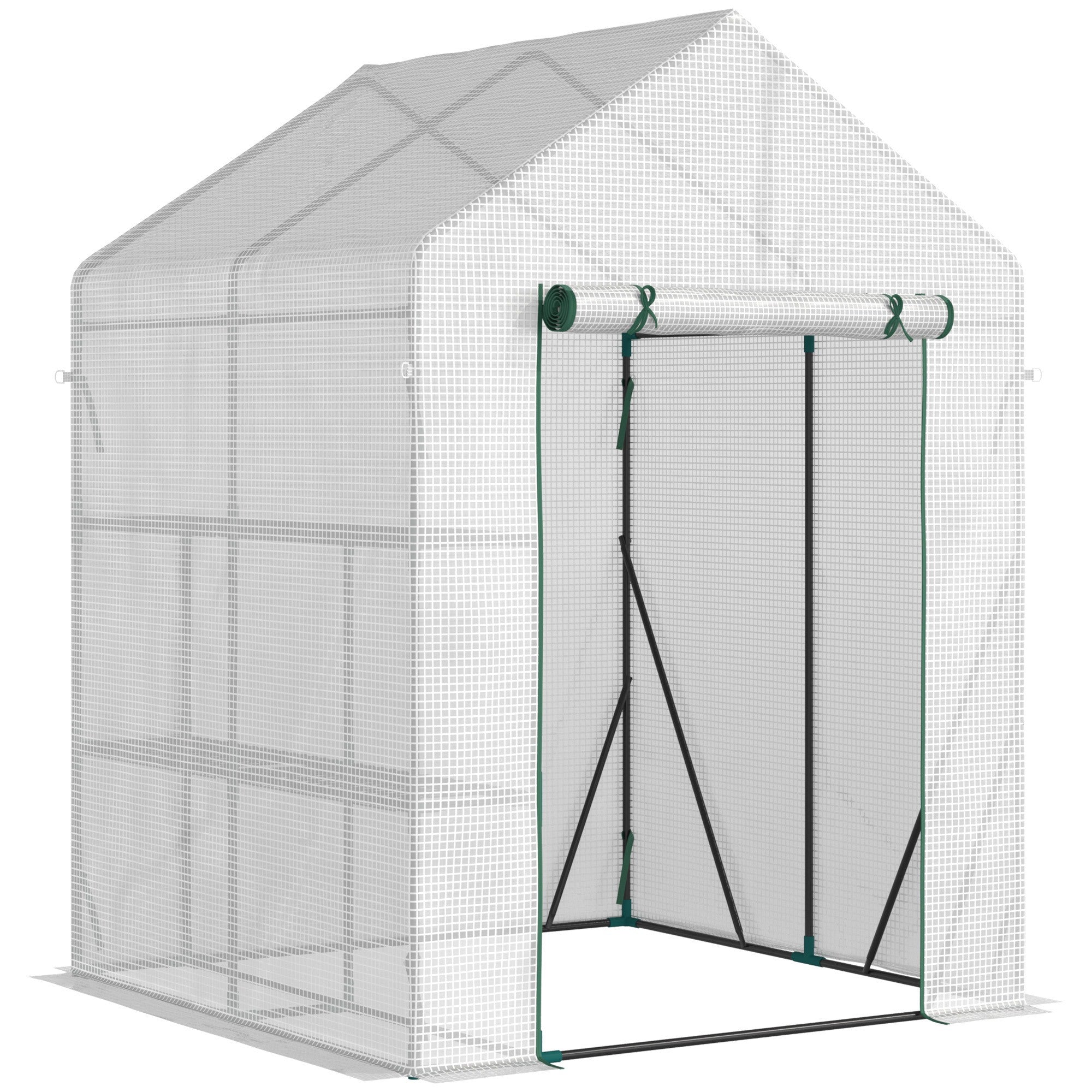 EASYCOMFORT Outdoor Garden Greenhouse in Steel and PE with 2 Shelves and Roller Door, 143x143x195 cm, White