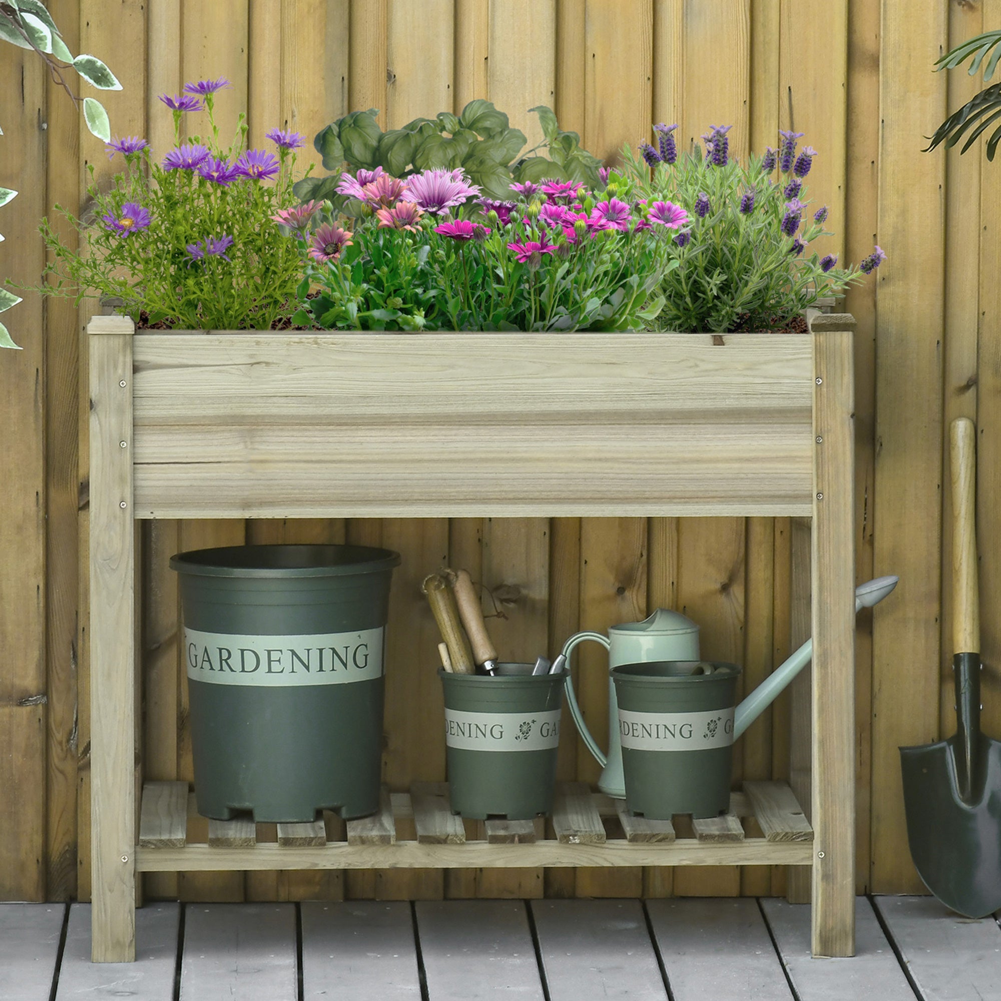 EASYCOMFORT Raised Wooden Planter with Legs and Lower Shelf for Garden and Balcony 91x51x76cm