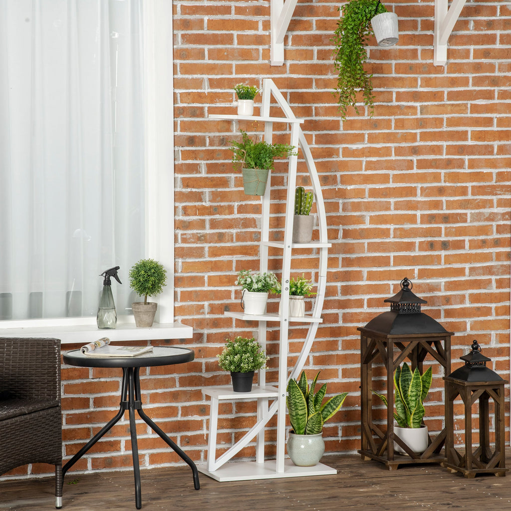 EASYCOMFORT 5-Tier Crescent-Moon Flower Stand for Indoors and Outdoors in MDF and Steel, 50x30x160 cm, White