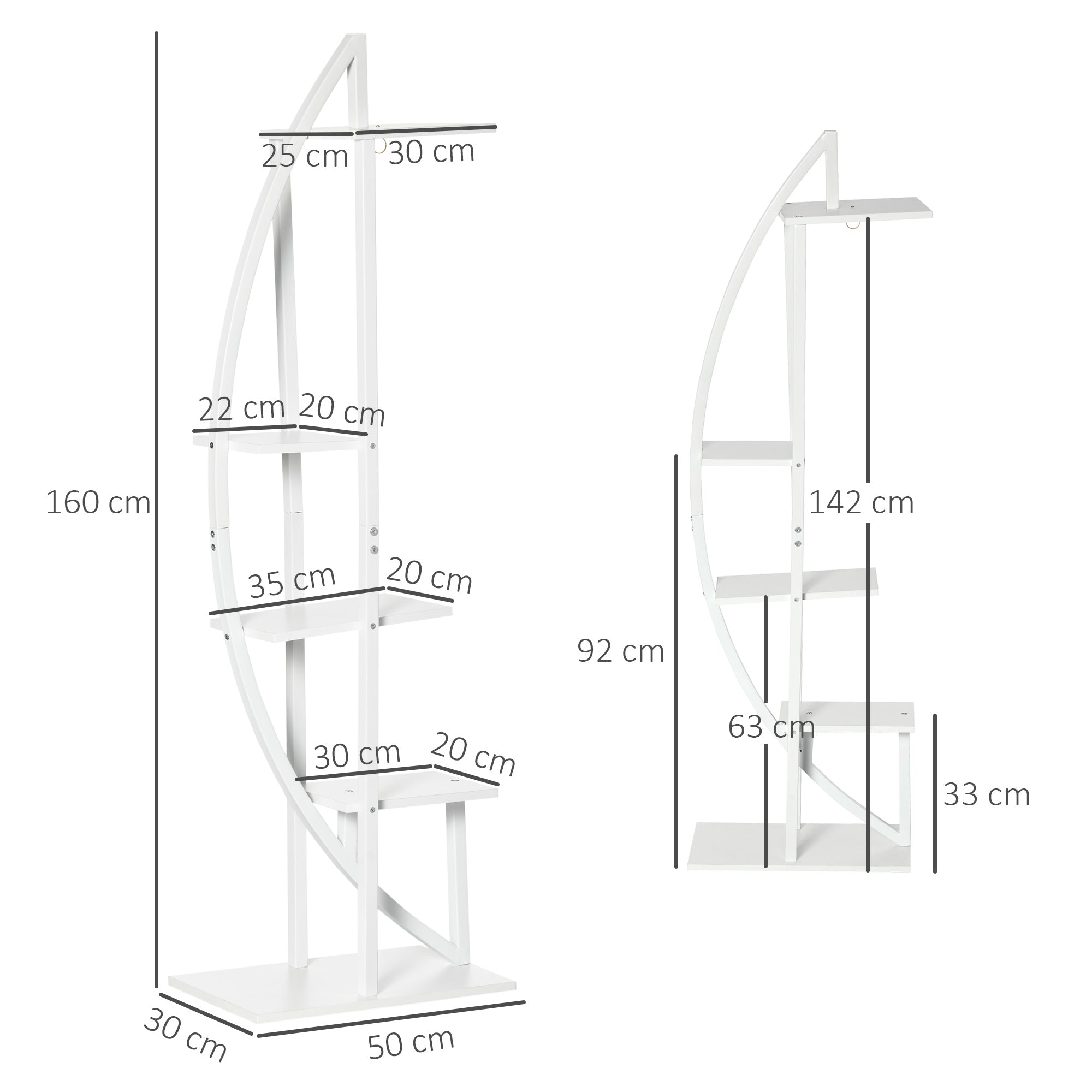 EASYCOMFORT 5-Tier Crescent-Moon Flower Stand for Indoors and Outdoors in MDF and Steel, 50x30x160 cm, White
