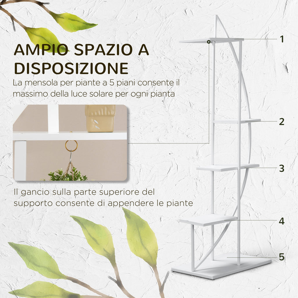 EASYCOMFORT 5-Tier Crescent-Moon Flower Stand for Indoors and Outdoors in MDF and Steel, 50x30x160 cm, White