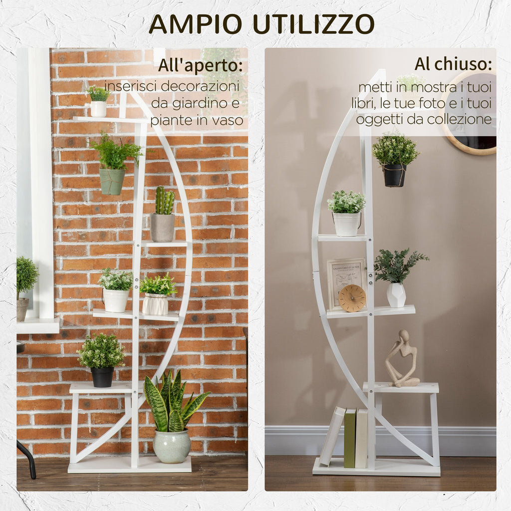 EASYCOMFORT 5-Tier Crescent-Moon Flower Stand for Indoors and Outdoors in MDF and Steel, 50x30x160 cm, White