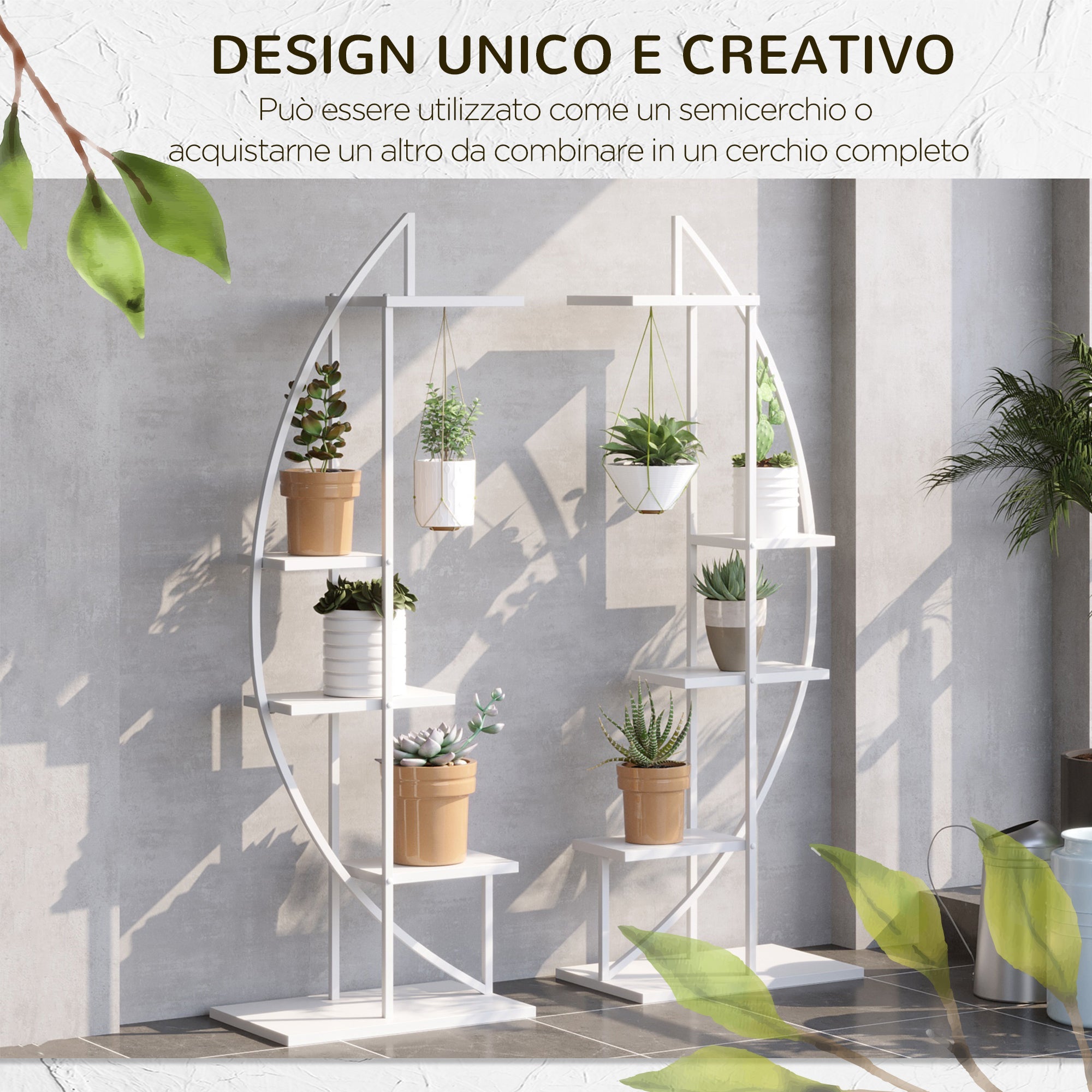 EASYCOMFORT 5-Tier Crescent-Moon Flower Stand for Indoors and Outdoors in MDF and Steel, 50x30x160 cm, White