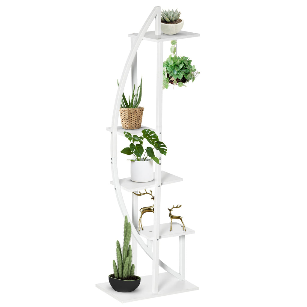 EASYCOMFORT 5-Tier Crescent-Moon Flower Stand for Indoors and Outdoors in MDF and Steel, 50x30x160 cm, White