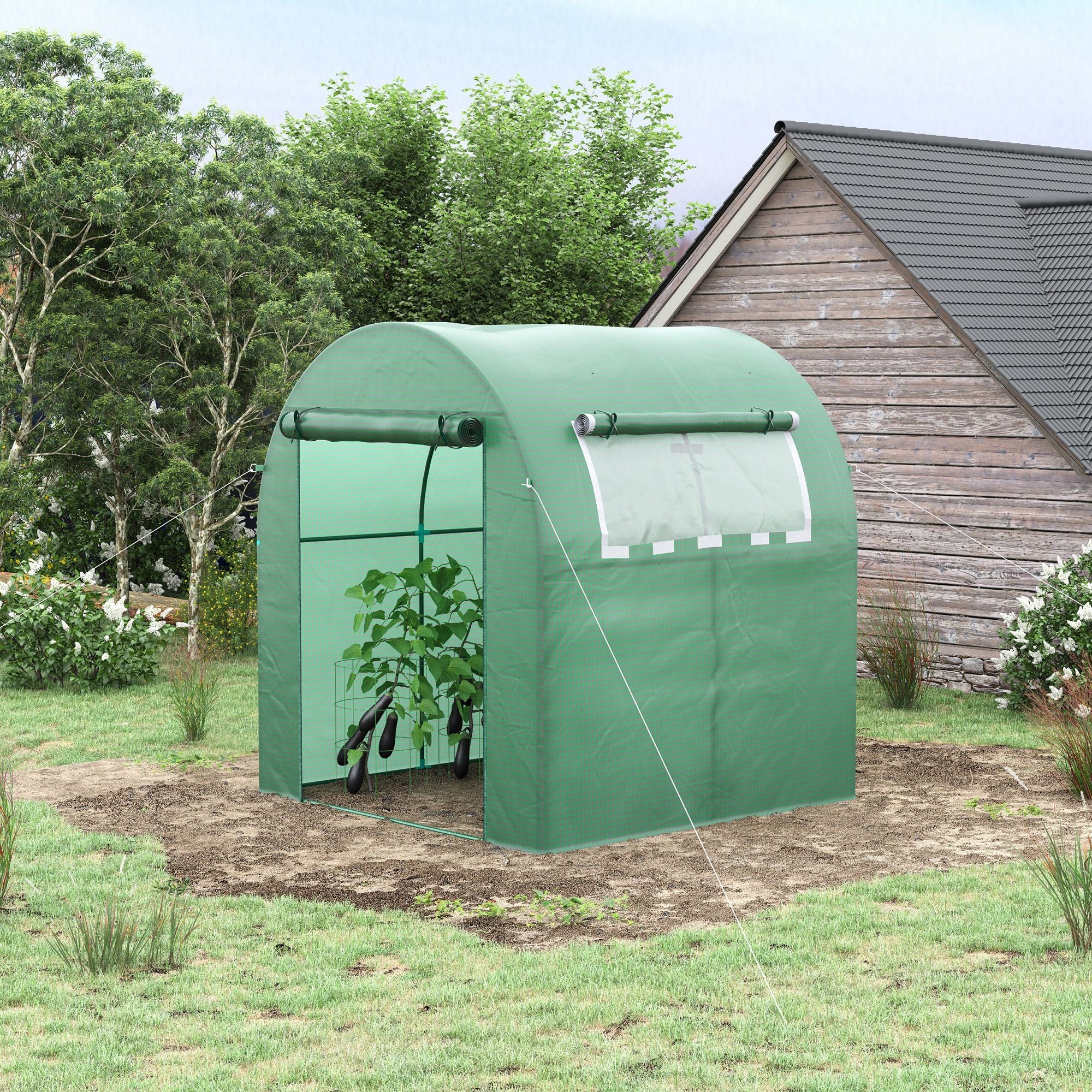 EASYCOMFORT Tunnel Garden Greenhouse with Roller Doors and Windows in Green PE, 180x180x200cm