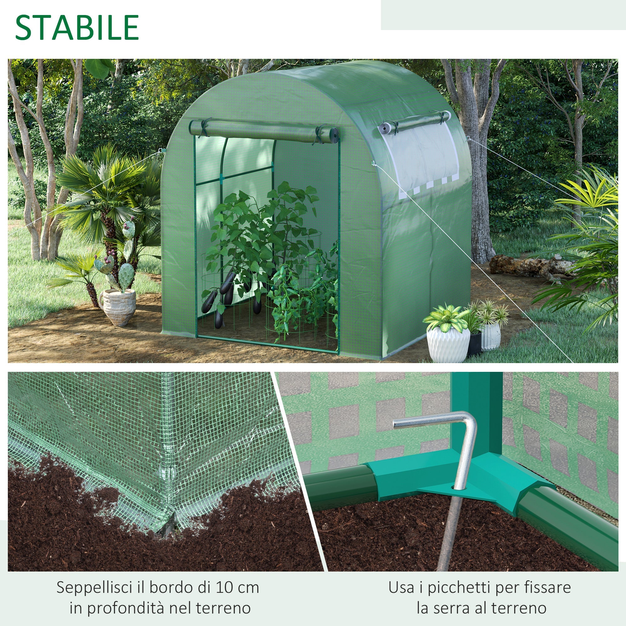 EASYCOMFORT Tunnel Garden Greenhouse with Roller Doors and Windows in Green PE, 180x180x200cm