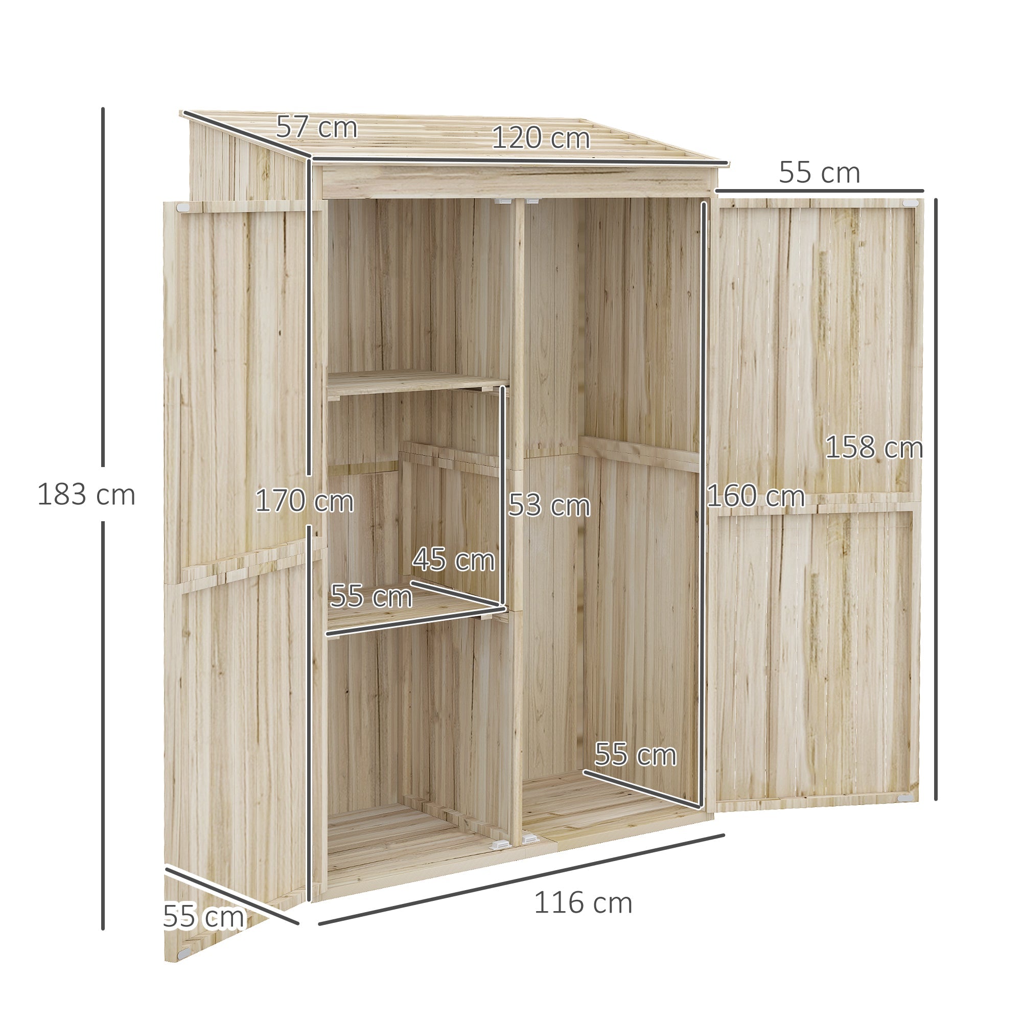EASYCOMFORT Garden Shed in Fir Wood with 2 Doors and Shelves, 120x57x183cm, Natural