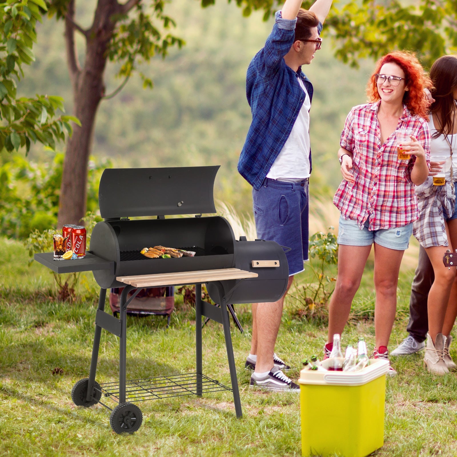 EasyComfort Houtskoolbarbecue met Deksel en Rookkamer 124x53x104 cm, zwart